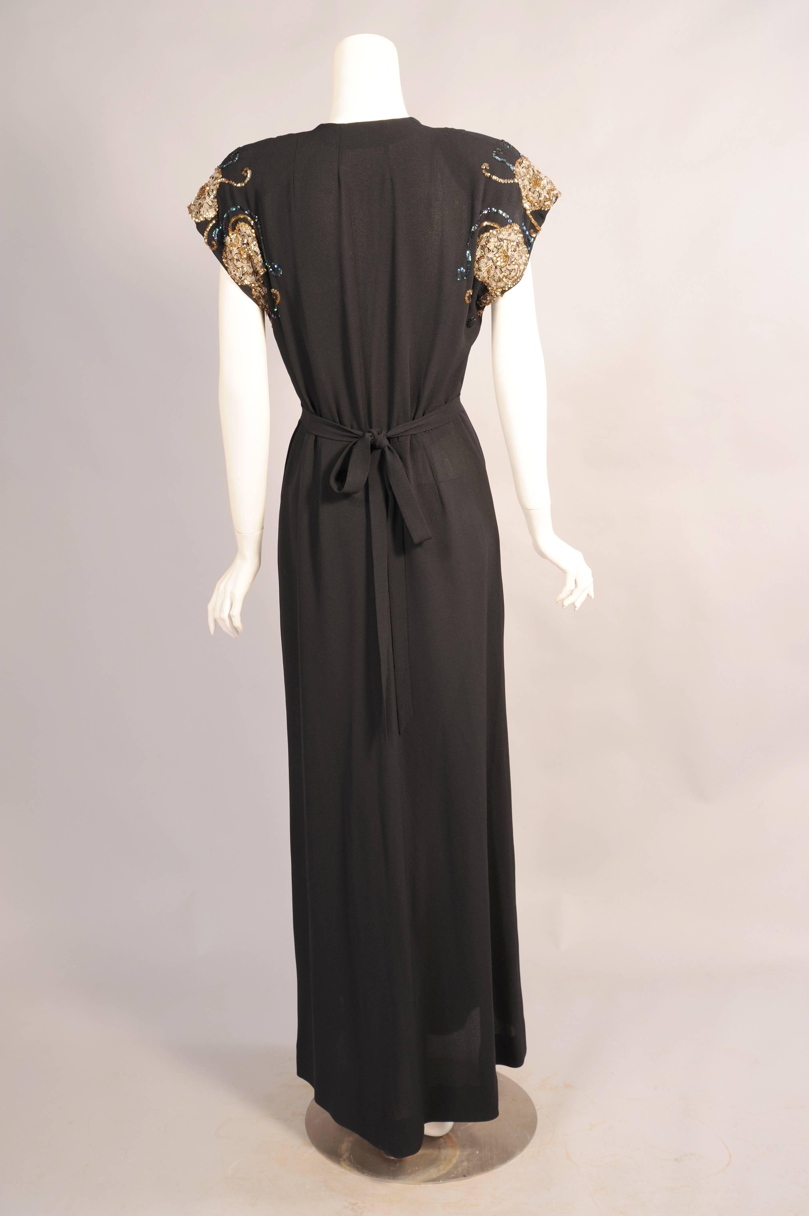 Late 1930's Larger Size Crepe Evening Dress, Metallic Lace and Sequin Trim In Excellent Condition In New Hope, PA
