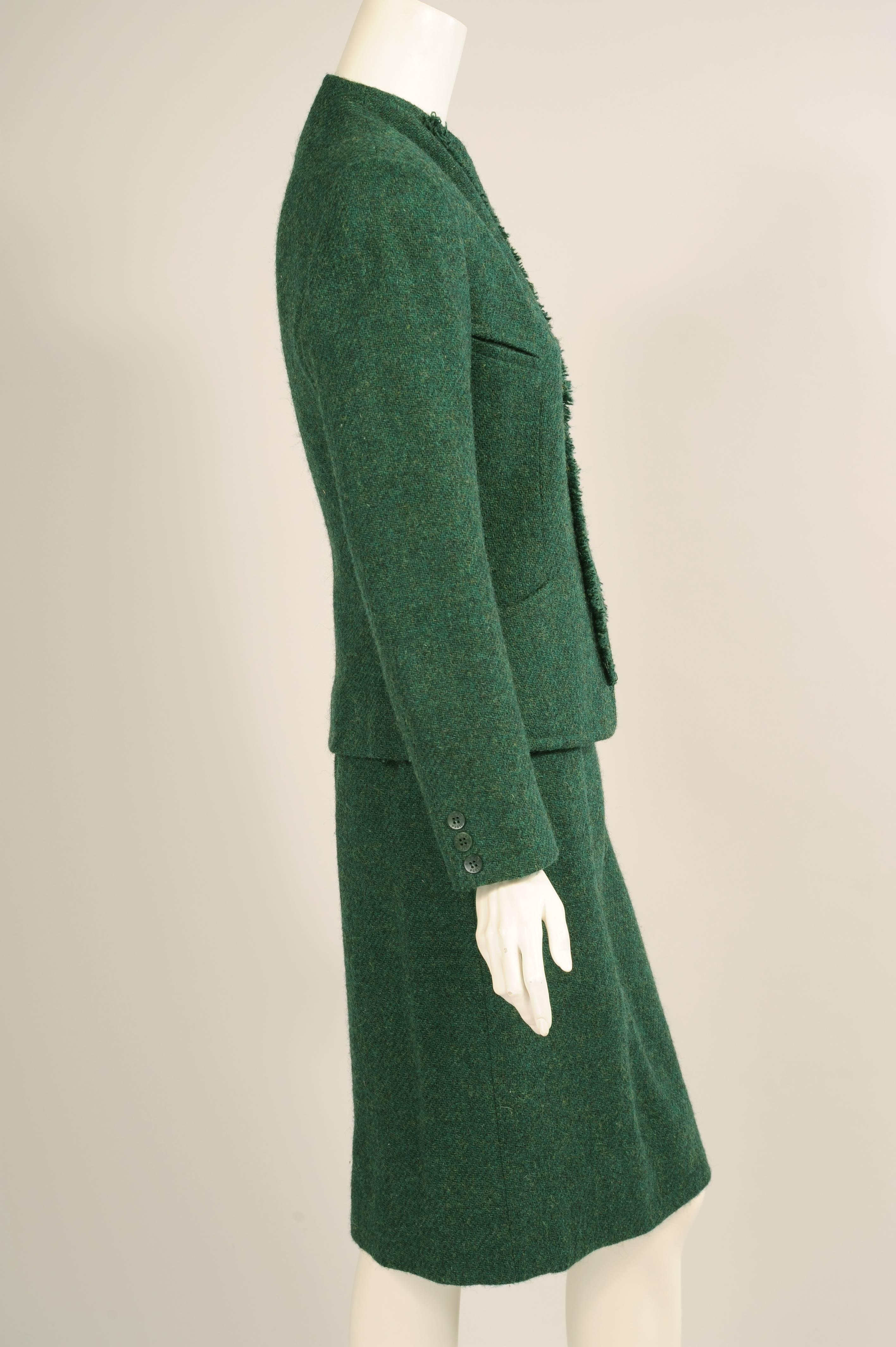 Black Hermes Forest Green Zip Front Jacket Skirt Suit