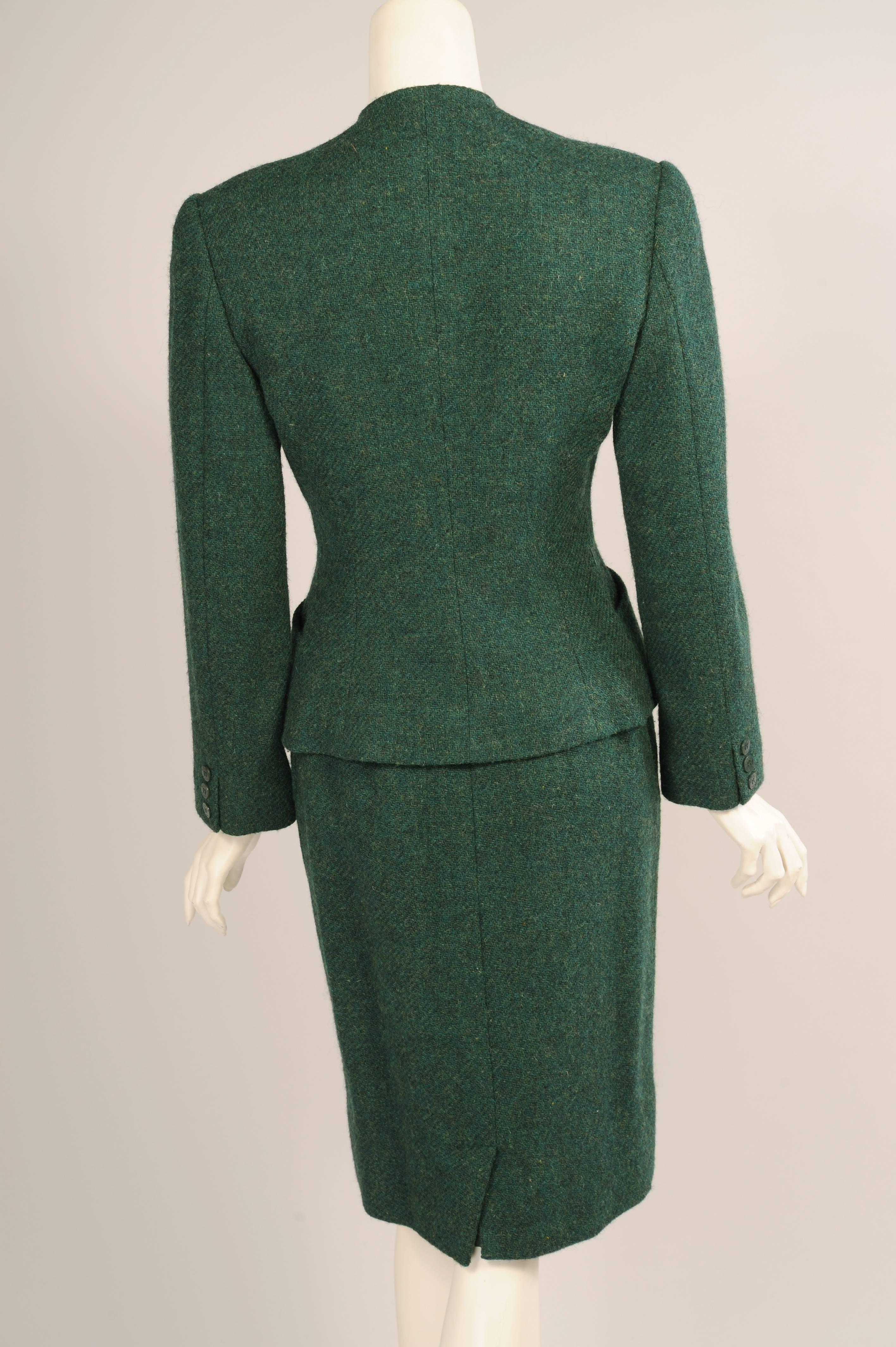 Hermes Forest Green Zip Front Jacket Skirt Suit In Excellent Condition In New Hope, PA