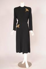 Maurice Rentner - Robe en crêpe noir perlée et drapée, grande taille, des années 1940