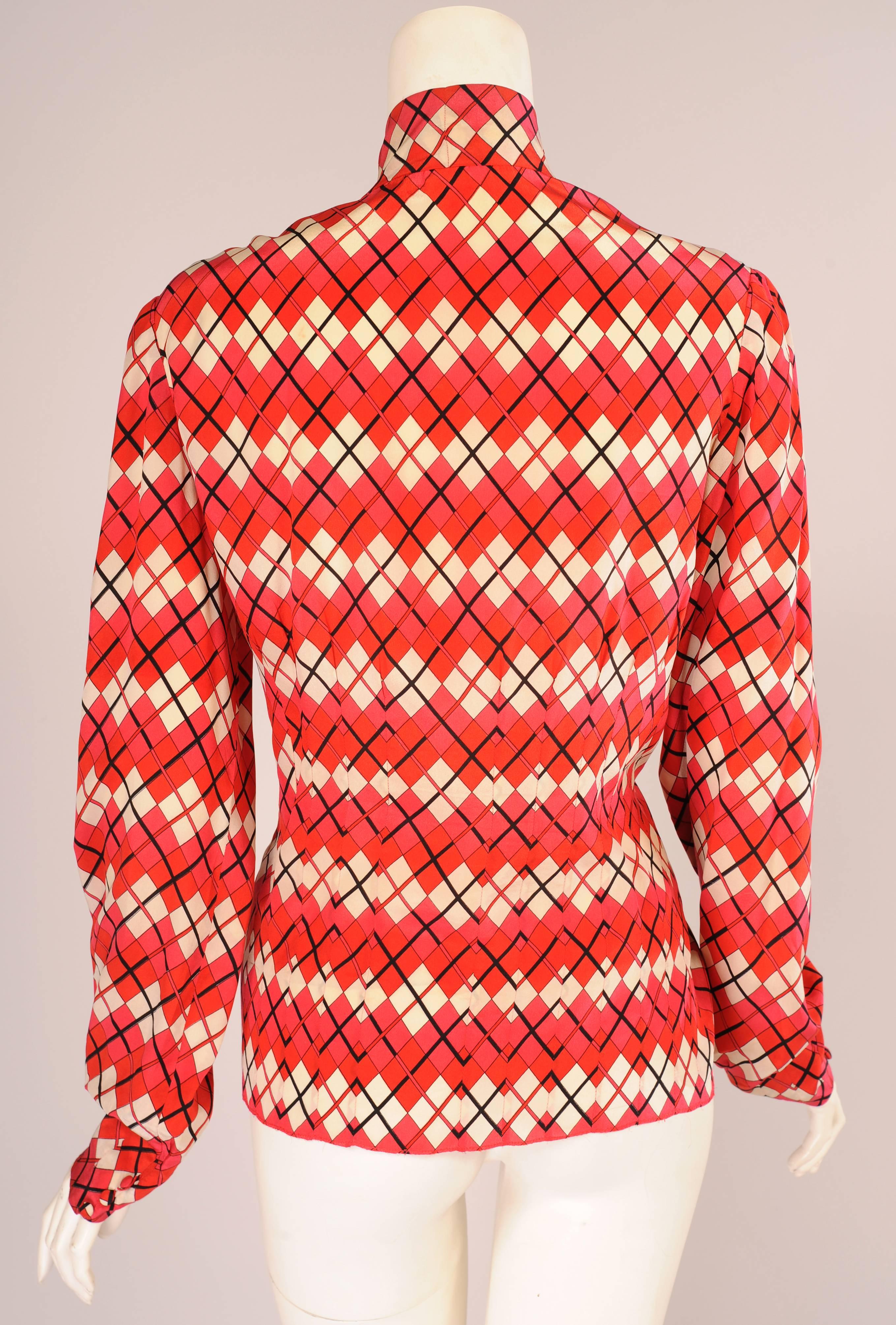 Red Chanel Numbered Haute Couture Colorful Patterned Silk Blouse, Larger Size
