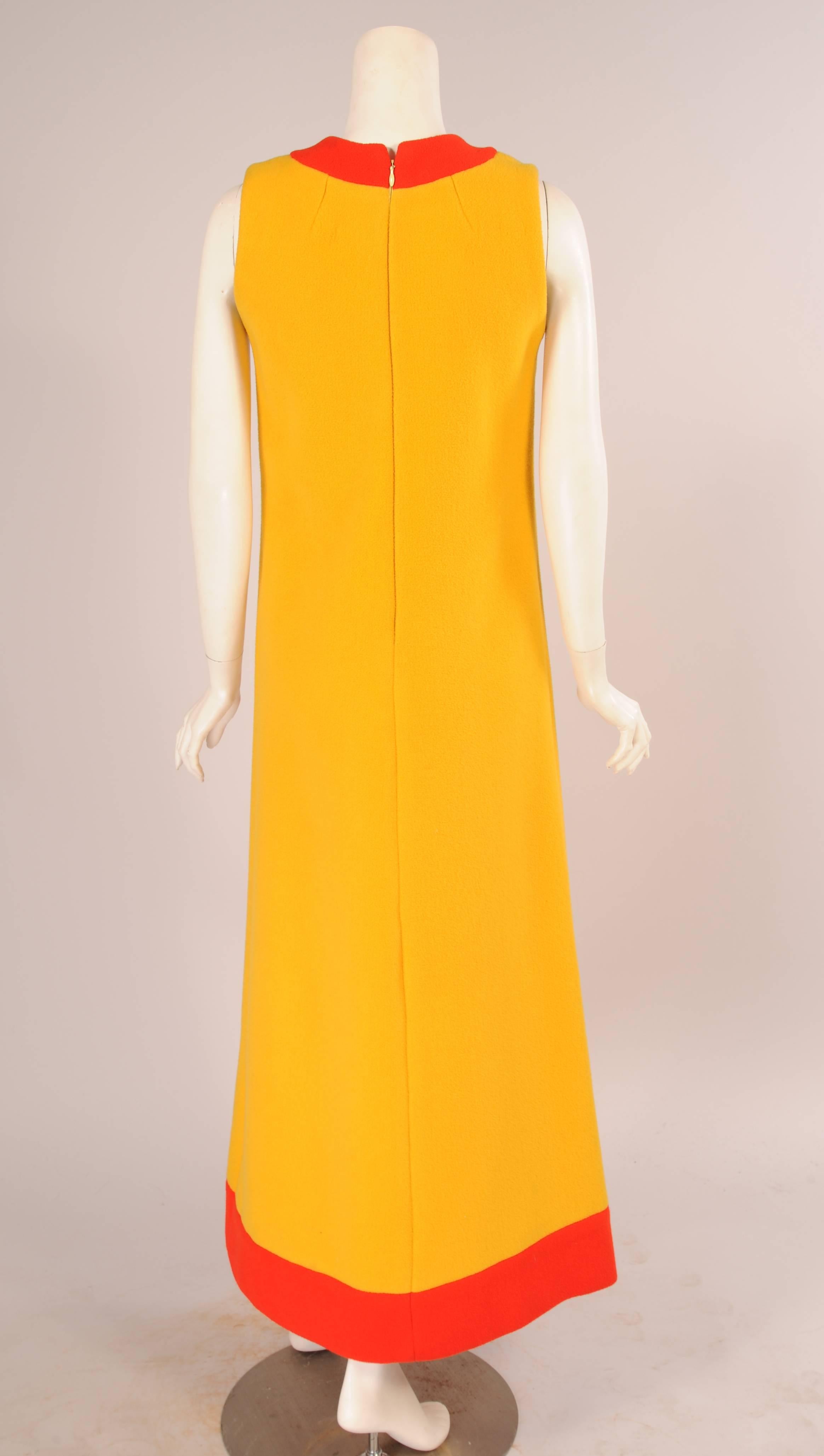 Women's Bright Yellow Maxi Dress with Bright Red Keyhole Neckline, 1960s 