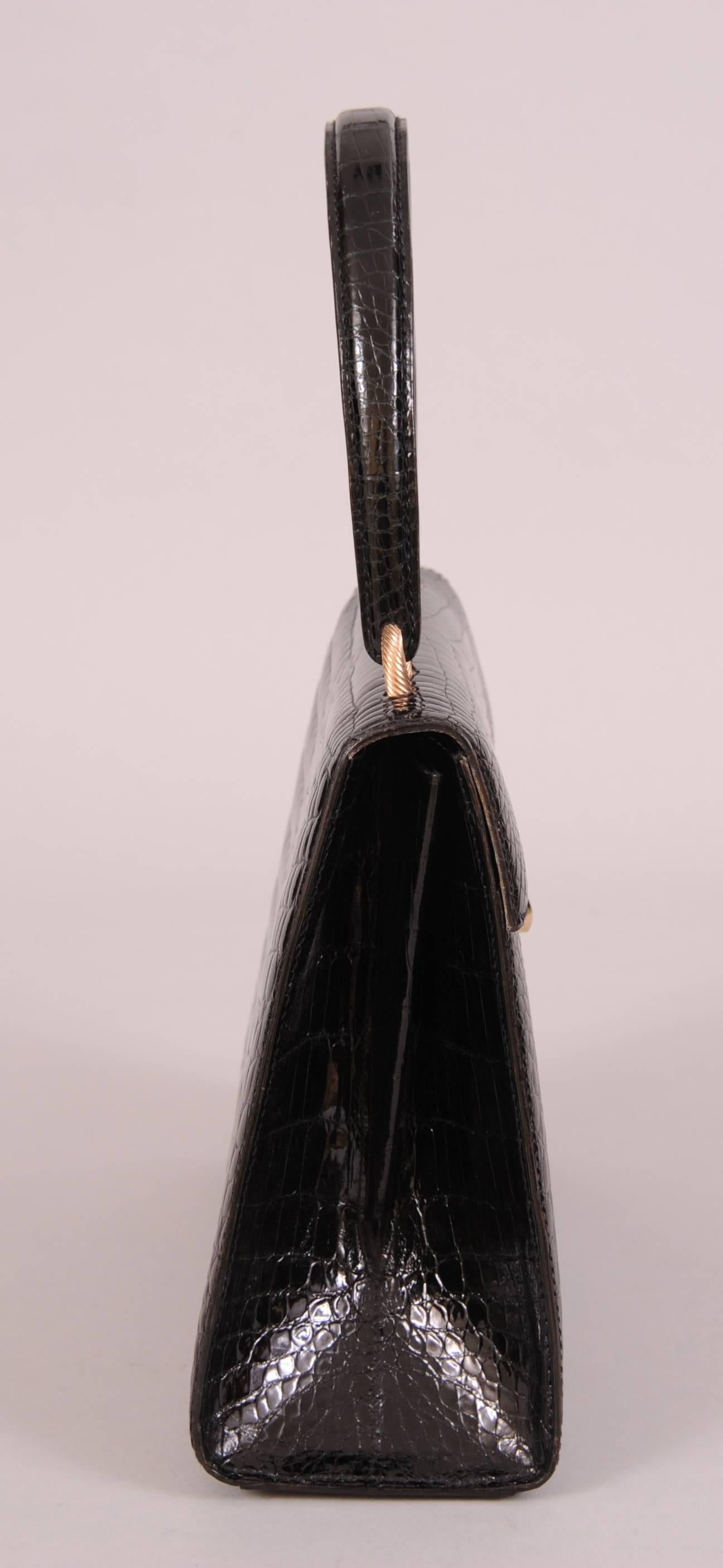 Elegant Black Crocodile Handbag, Made in France In Excellent Condition In New Hope, PA