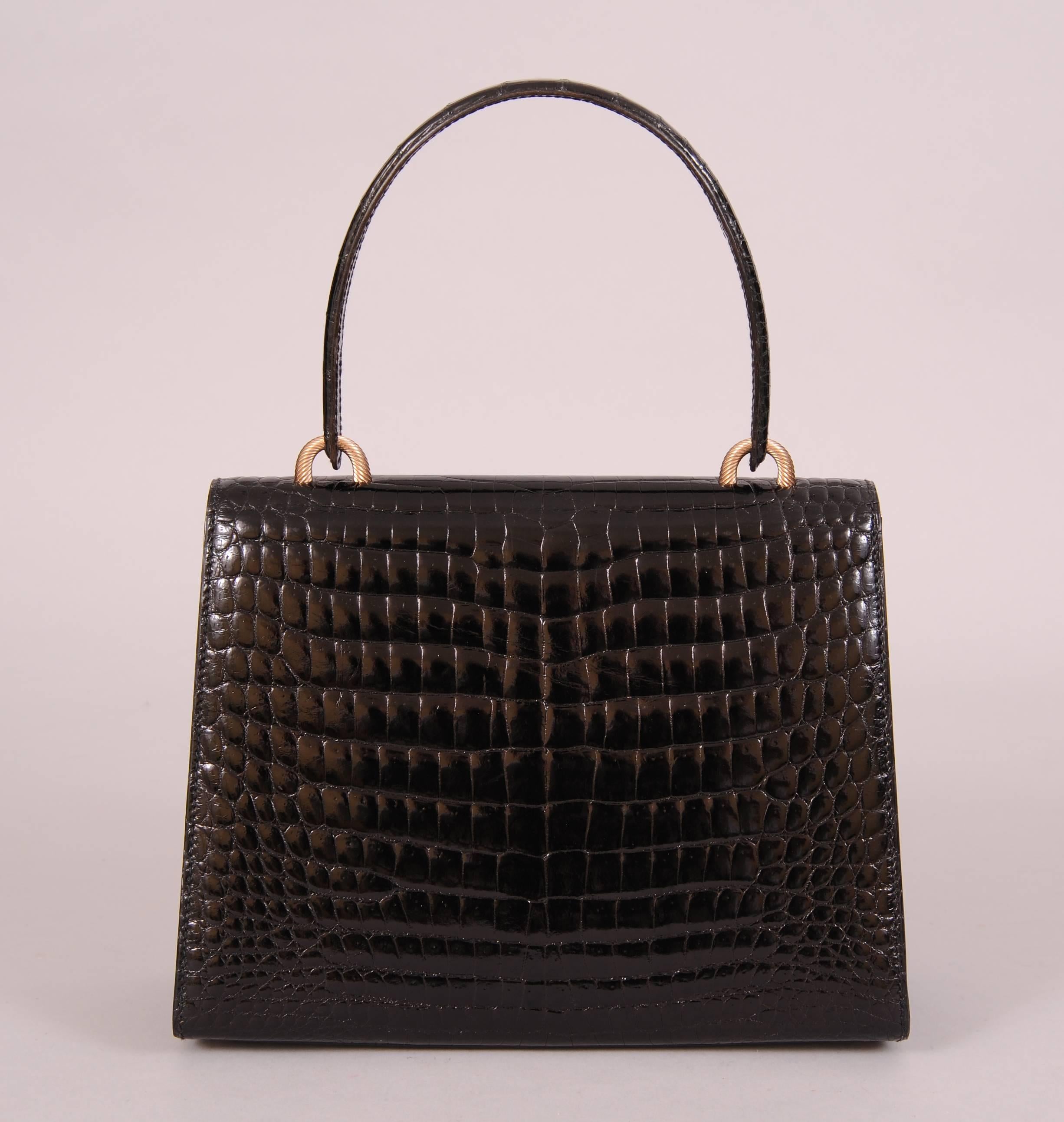 Women's Elegant Black Crocodile Handbag, Made in France