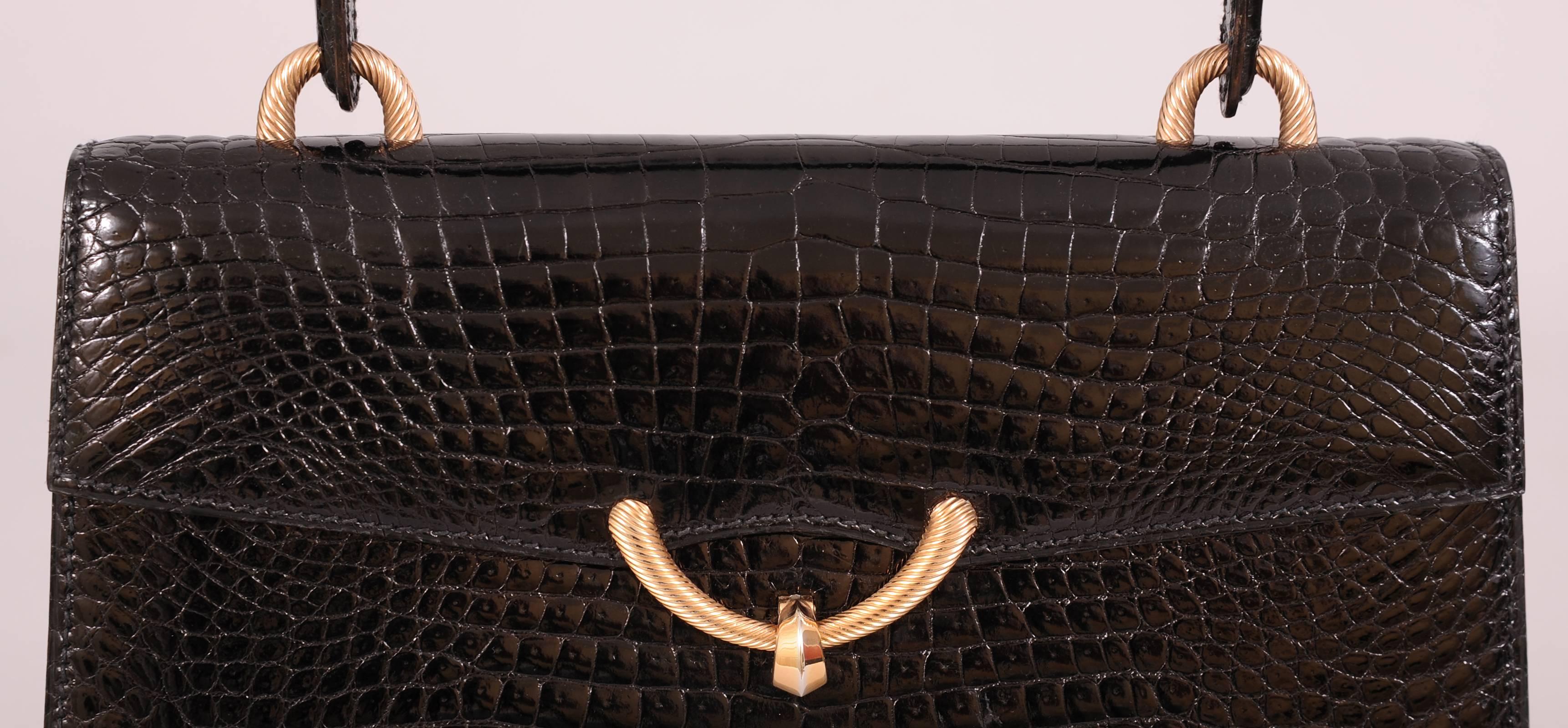 Elegant Black Crocodile Handbag, Made in France 1