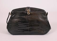 Vintage Black Crocodile Evening Bag with Silver and Gold Clasp