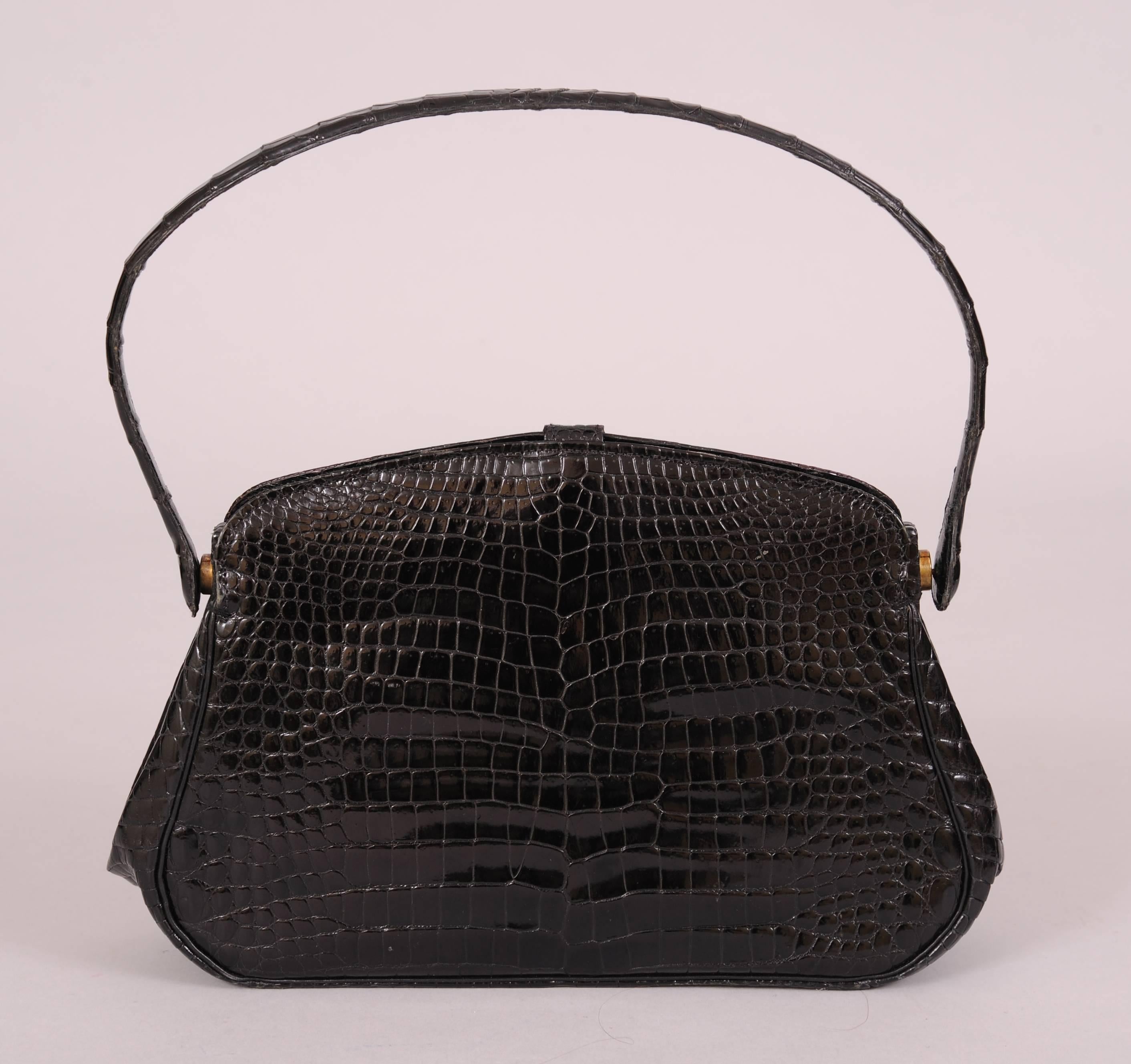 Chic Black Crocodile Evening Bag Hallmarked Sterling and Gold Clasp For Sale 1
