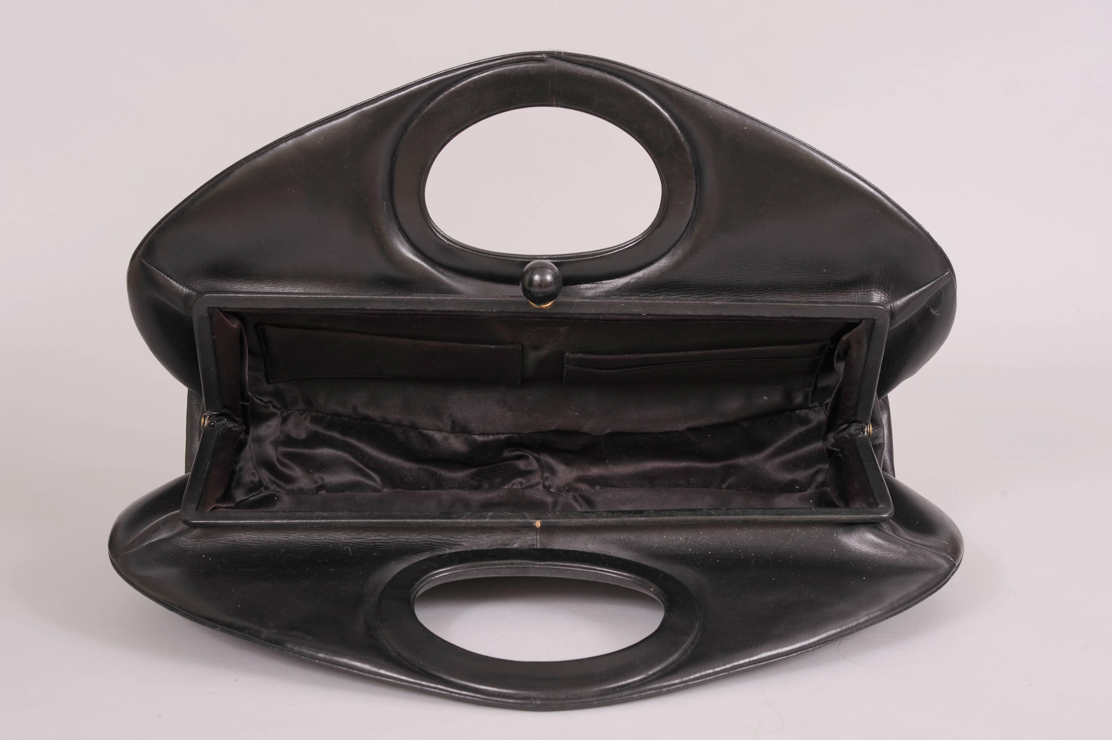 Women's 1950's Atomic Space Age Black Leather Handbag Mid Century Modern