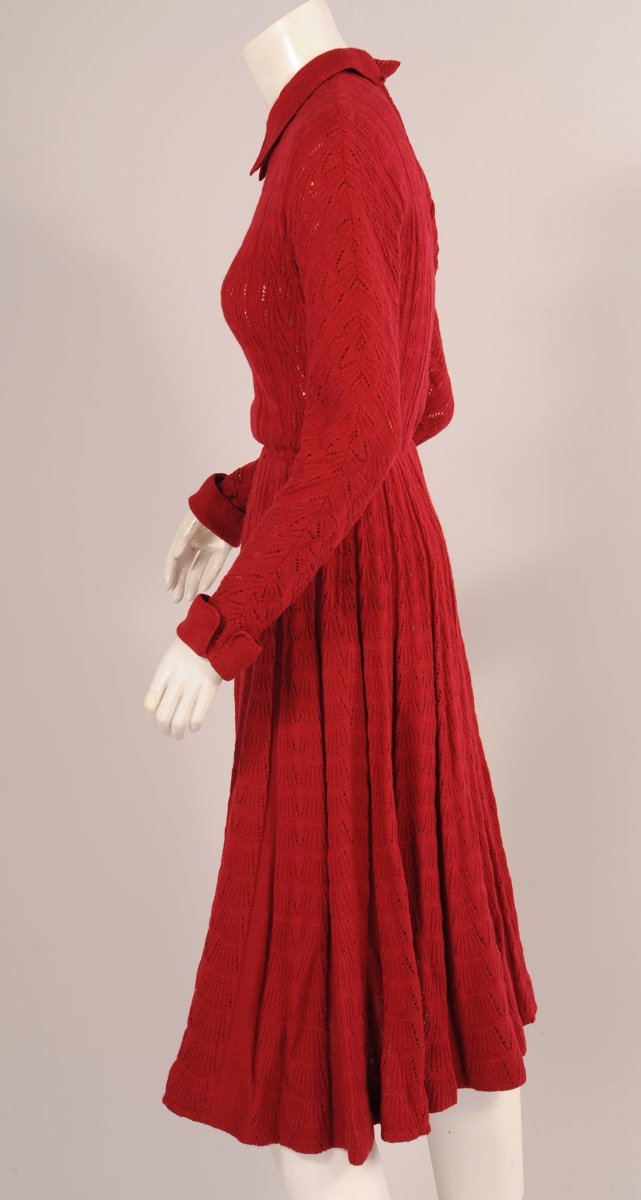 1940's Austrian Hand Knit Claret Wool Dress In Excellent Condition In New Hope, PA