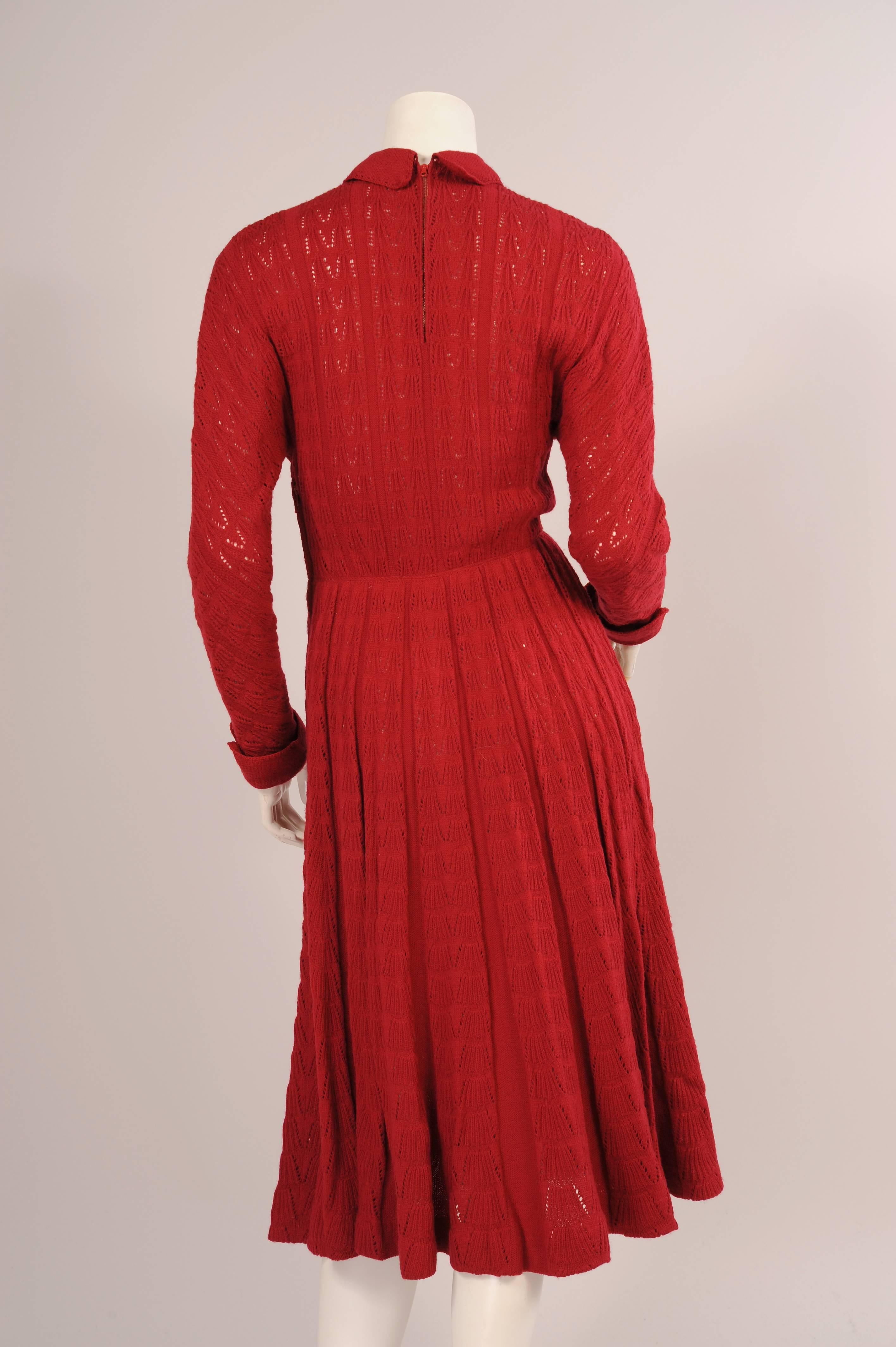 Women's 1940's Austrian Hand Knit Claret Wool Dress