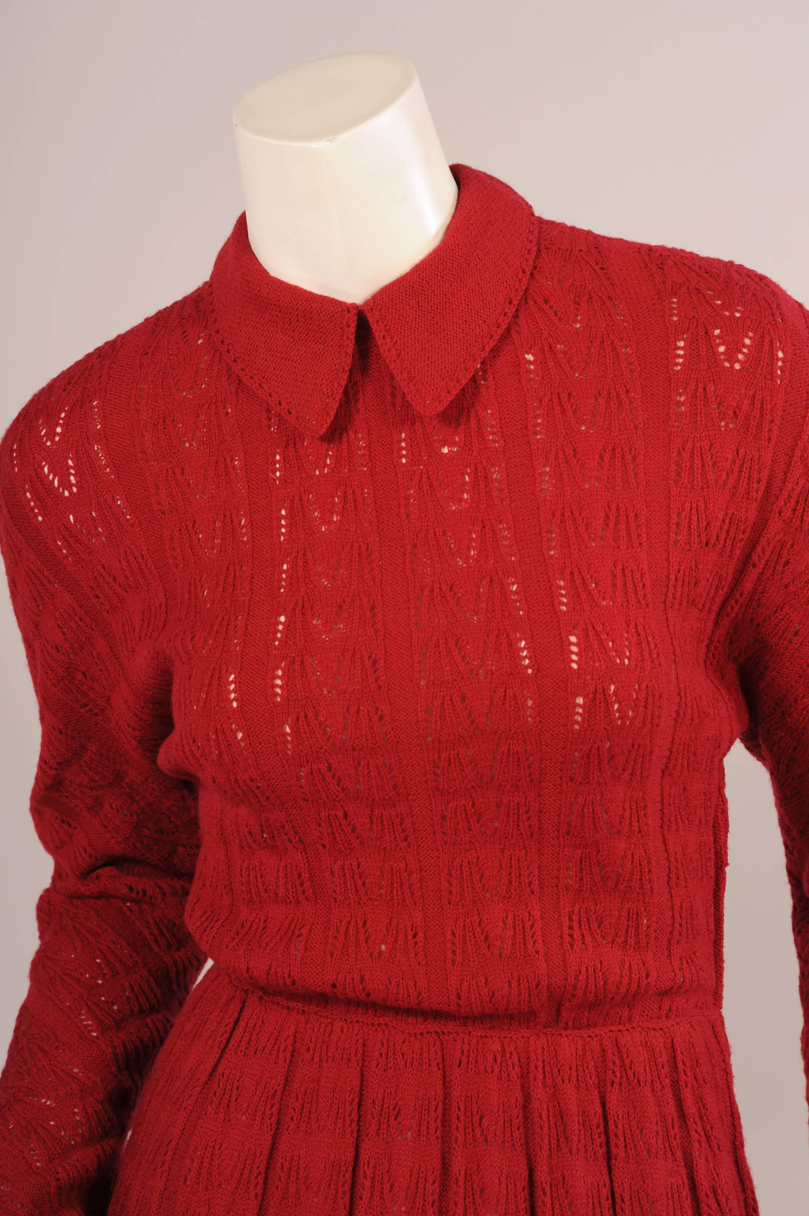 Red 1940's Austrian Hand Knit Claret Wool Dress