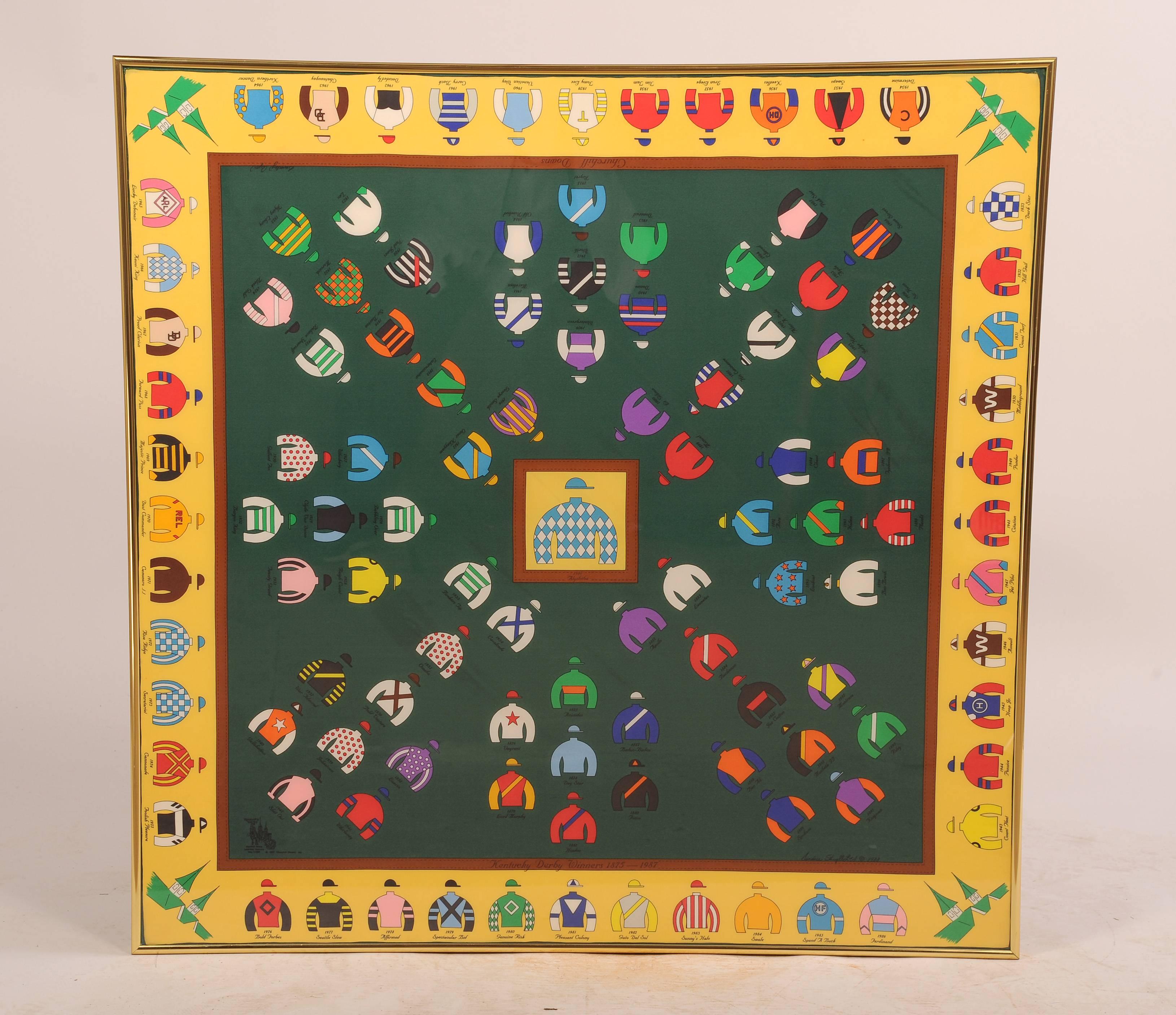 The center square depicts colorful racing silks of the 1987 Derby Winner Alysheba. This is surrounded by jockey silks from all of the winners from 1875 until 1986 set against a green background and the yellow border.  The four corners depict