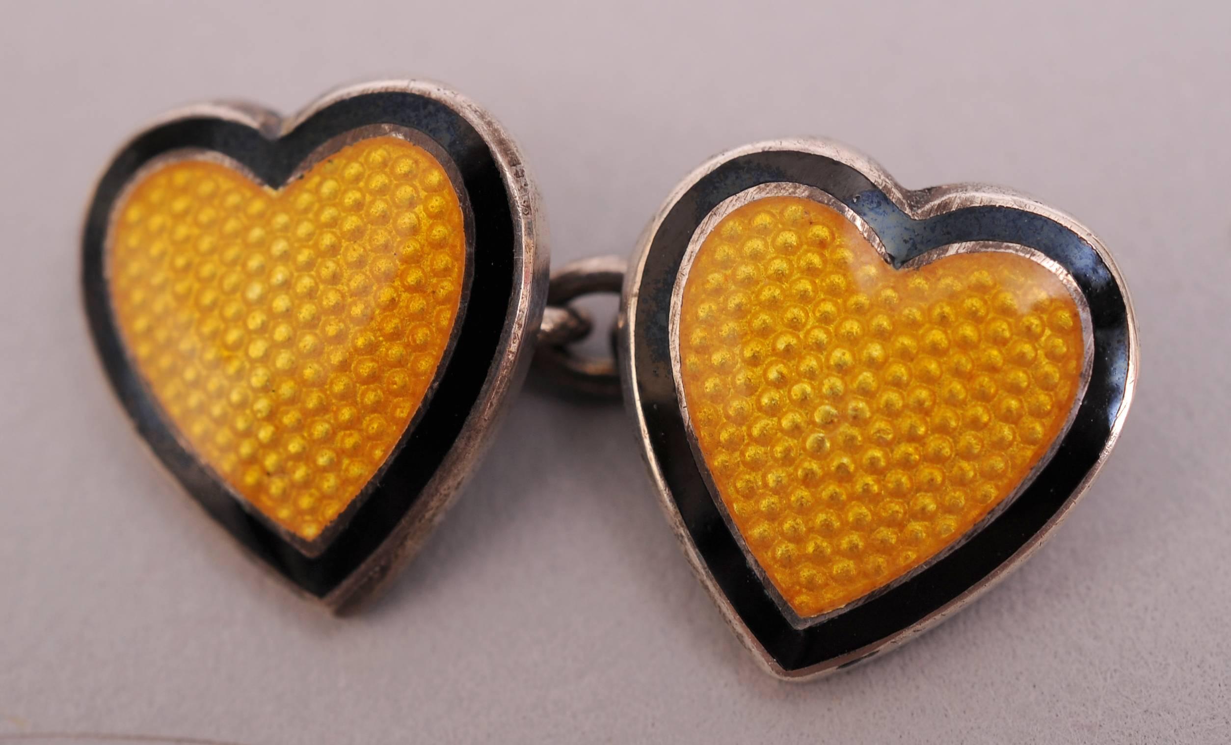 Heart Cufflinks Yellow Enamel Sterling Silver In Excellent Condition In New Hope, PA