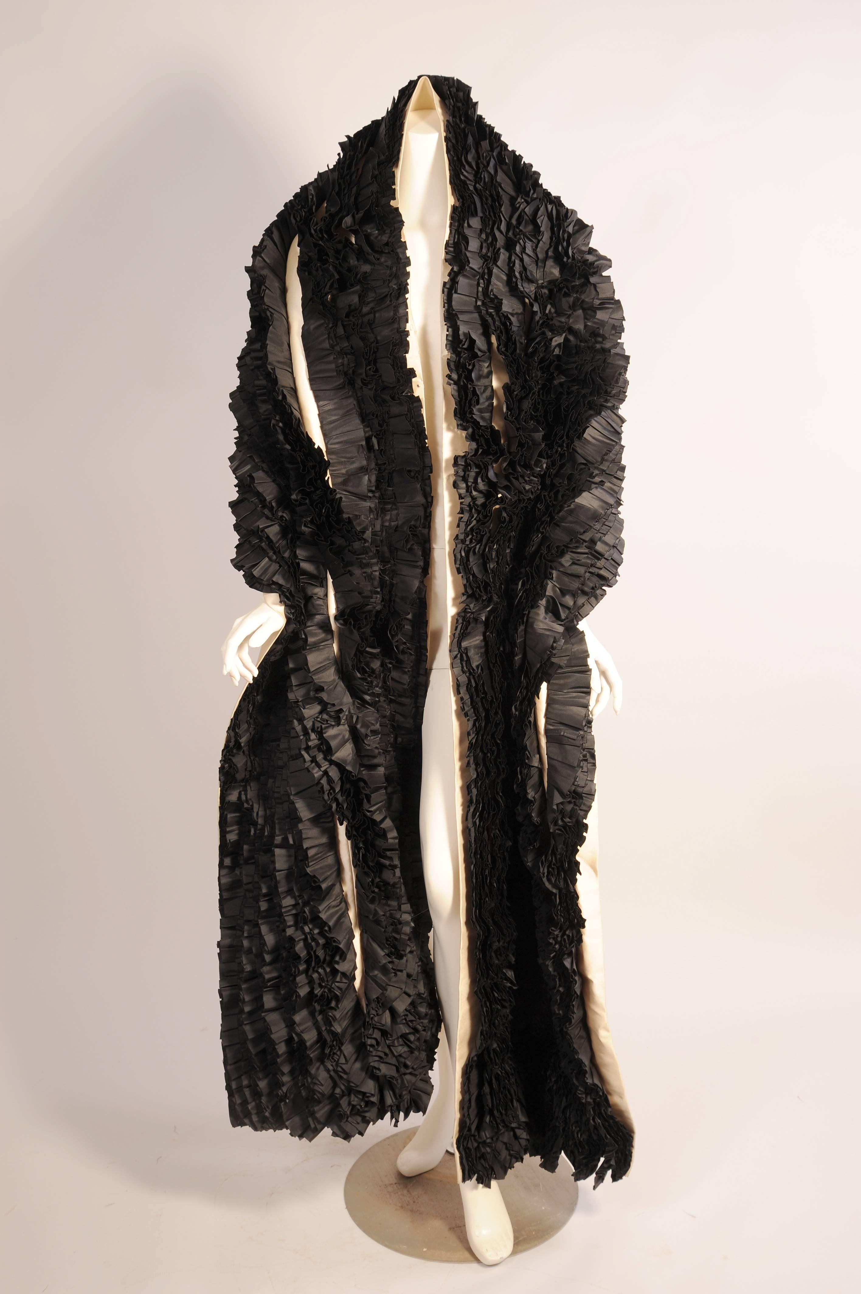 Women's Black Silk Ruffles on Ivory Silk Gazar Hand Stitched Long Evening Wrap Stole