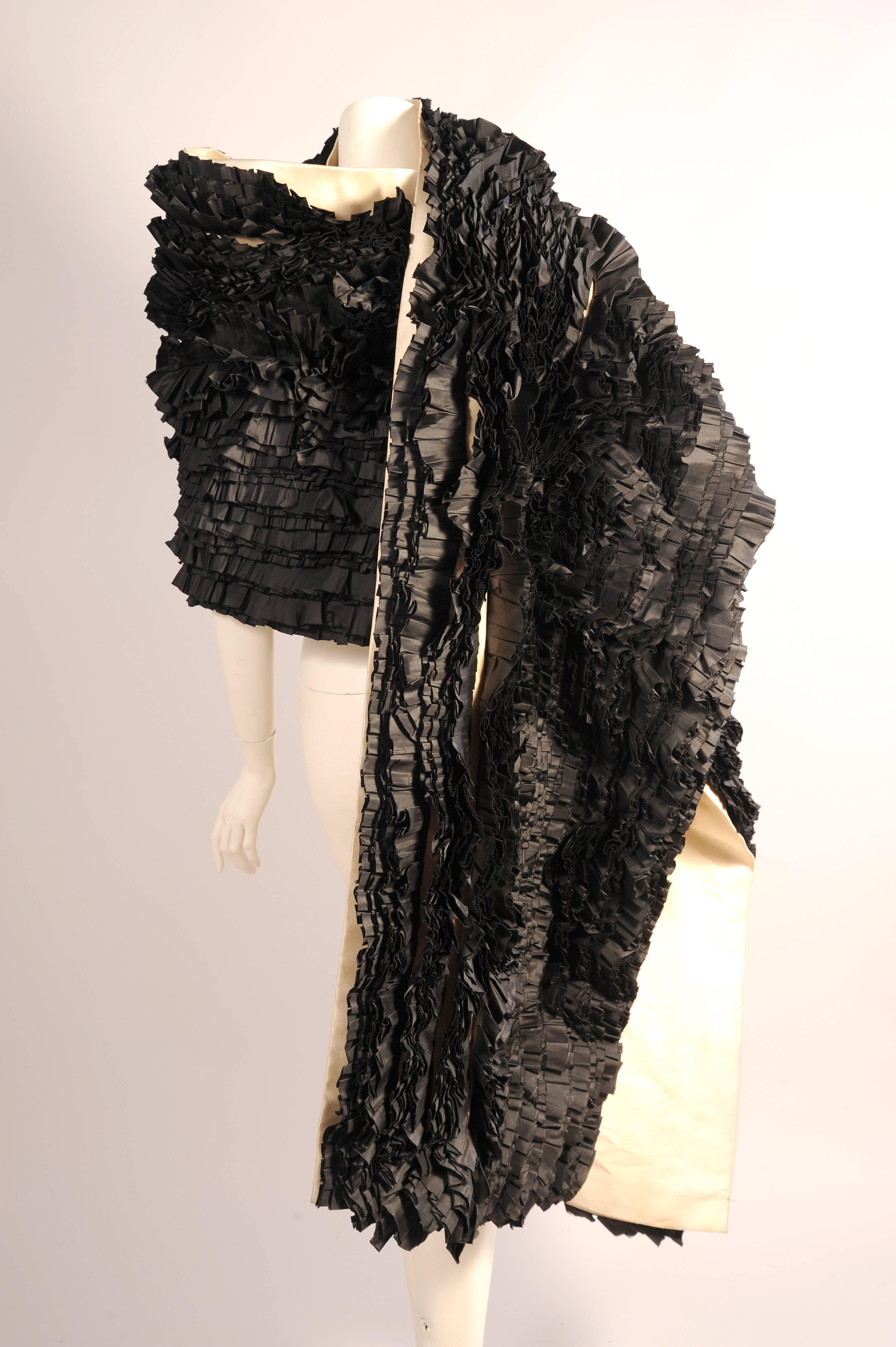 Black Silk Ruffles on Ivory Silk Gazar Hand Stitched Long Evening Wrap Stole 1