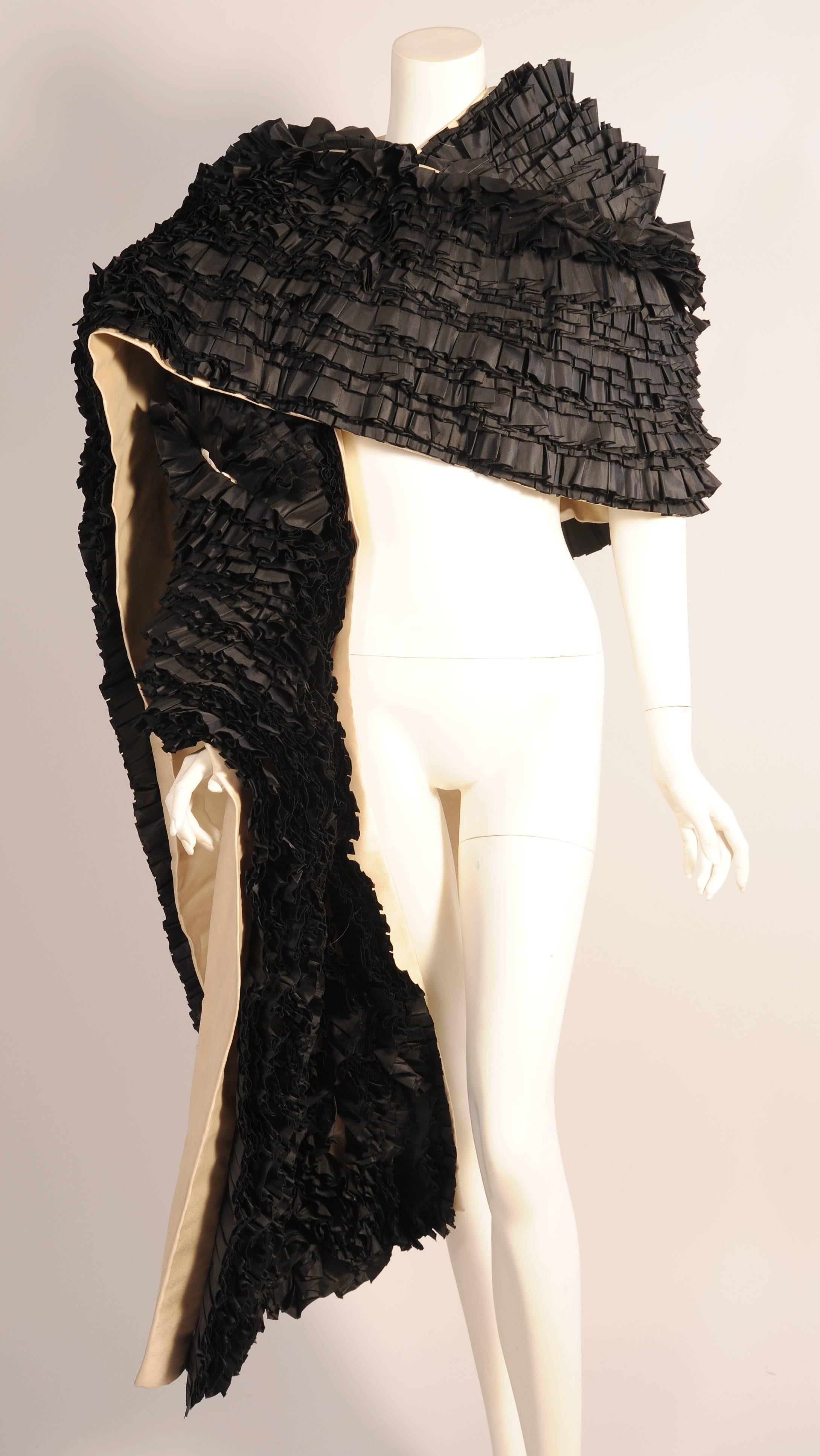 Black Silk Ruffles on Ivory Silk Gazar Hand Stitched Long Evening Wrap Stole In Excellent Condition In New Hope, PA