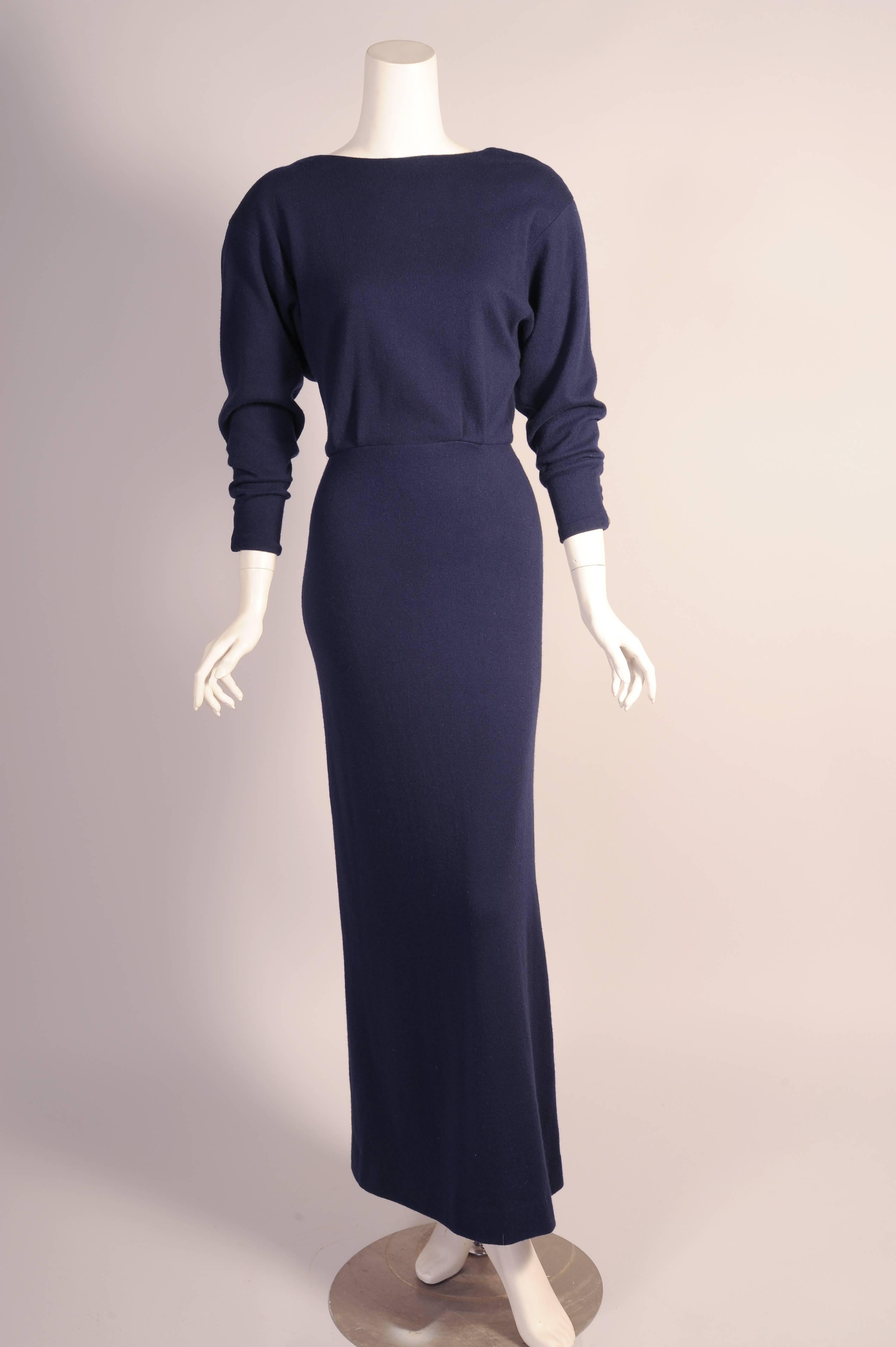 Black 1970's Navy Blue Cashmere Bare Back Evening Dress attributed to Halston
