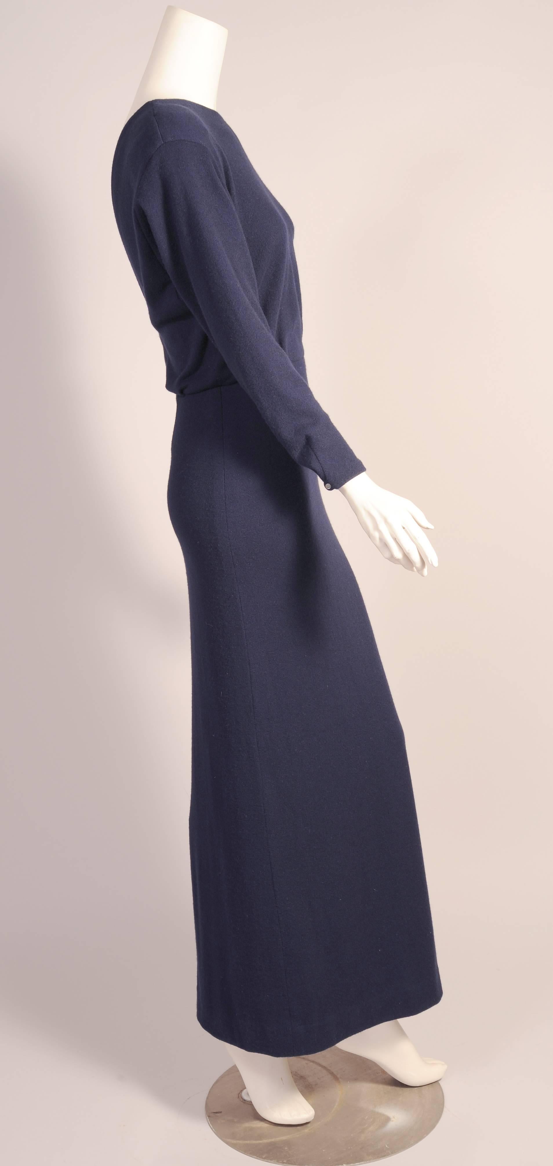 1970's Navy Blue Cashmere Bare Back Evening Dress attributed to Halston In Excellent Condition In New Hope, PA