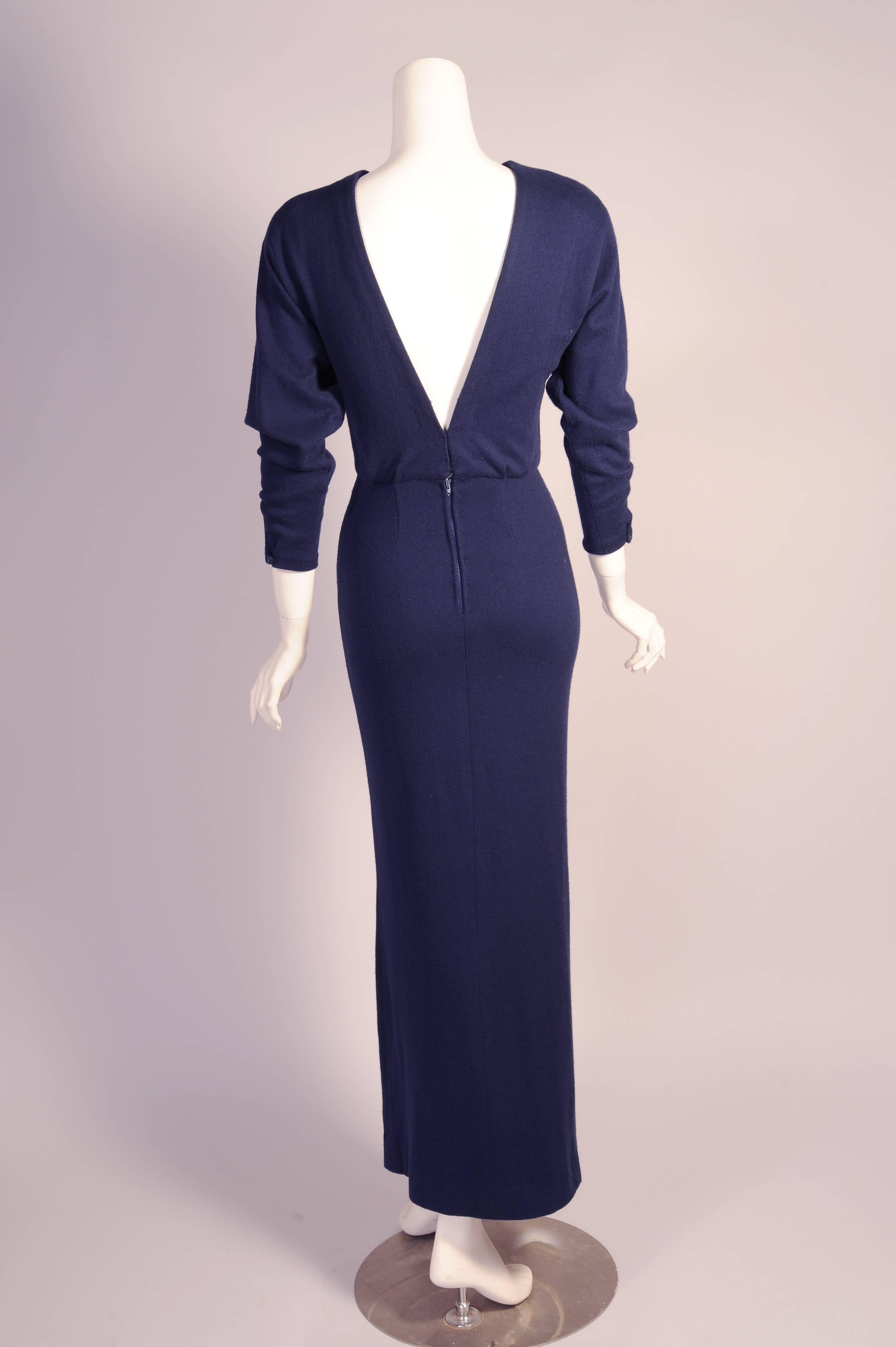 Women's 1970's Navy Blue Cashmere Bare Back Evening Dress attributed to Halston