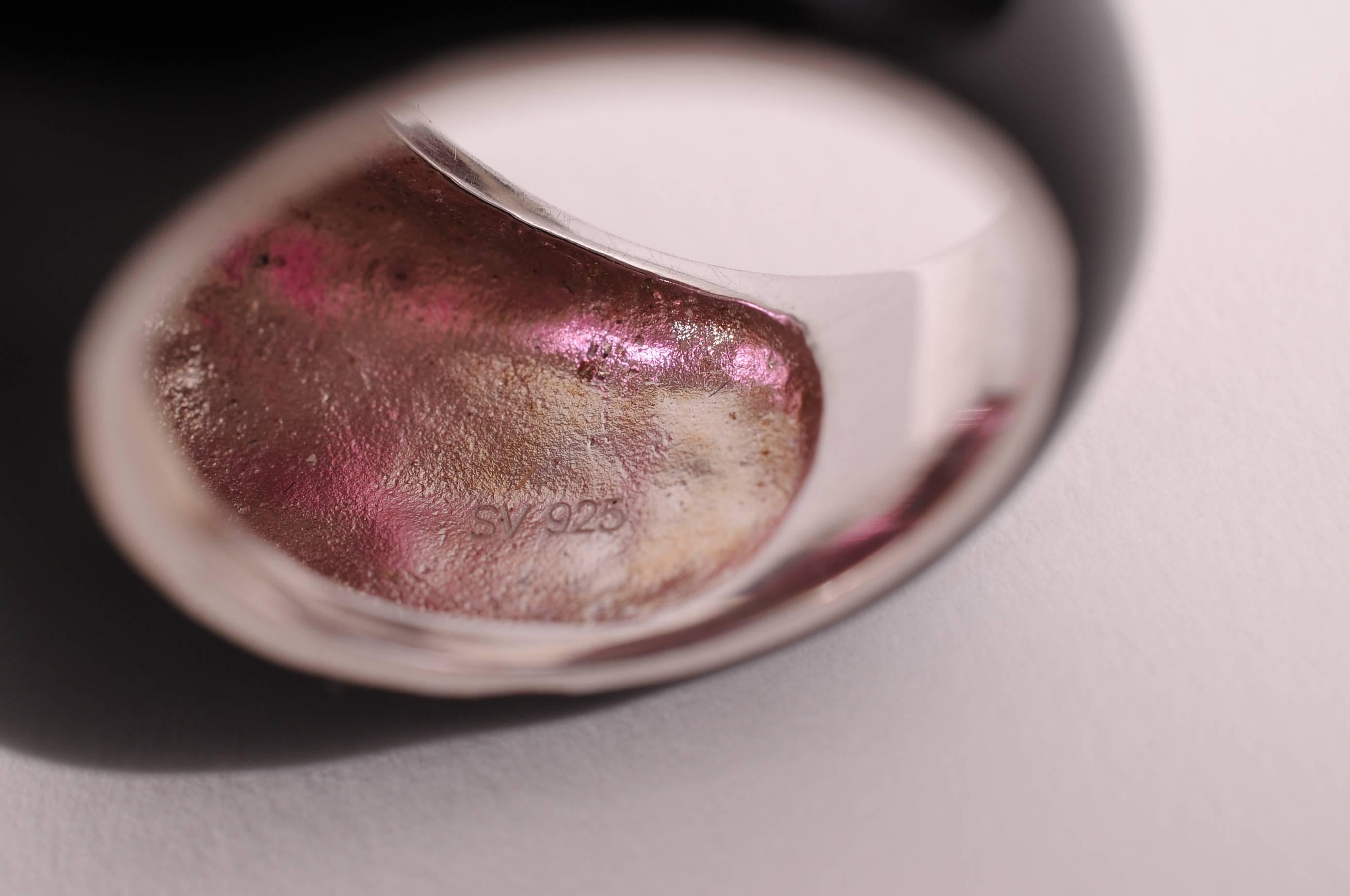 Artist Hiroco Suzuki Sterling Silver Black Enamel and Pink Stone Ring