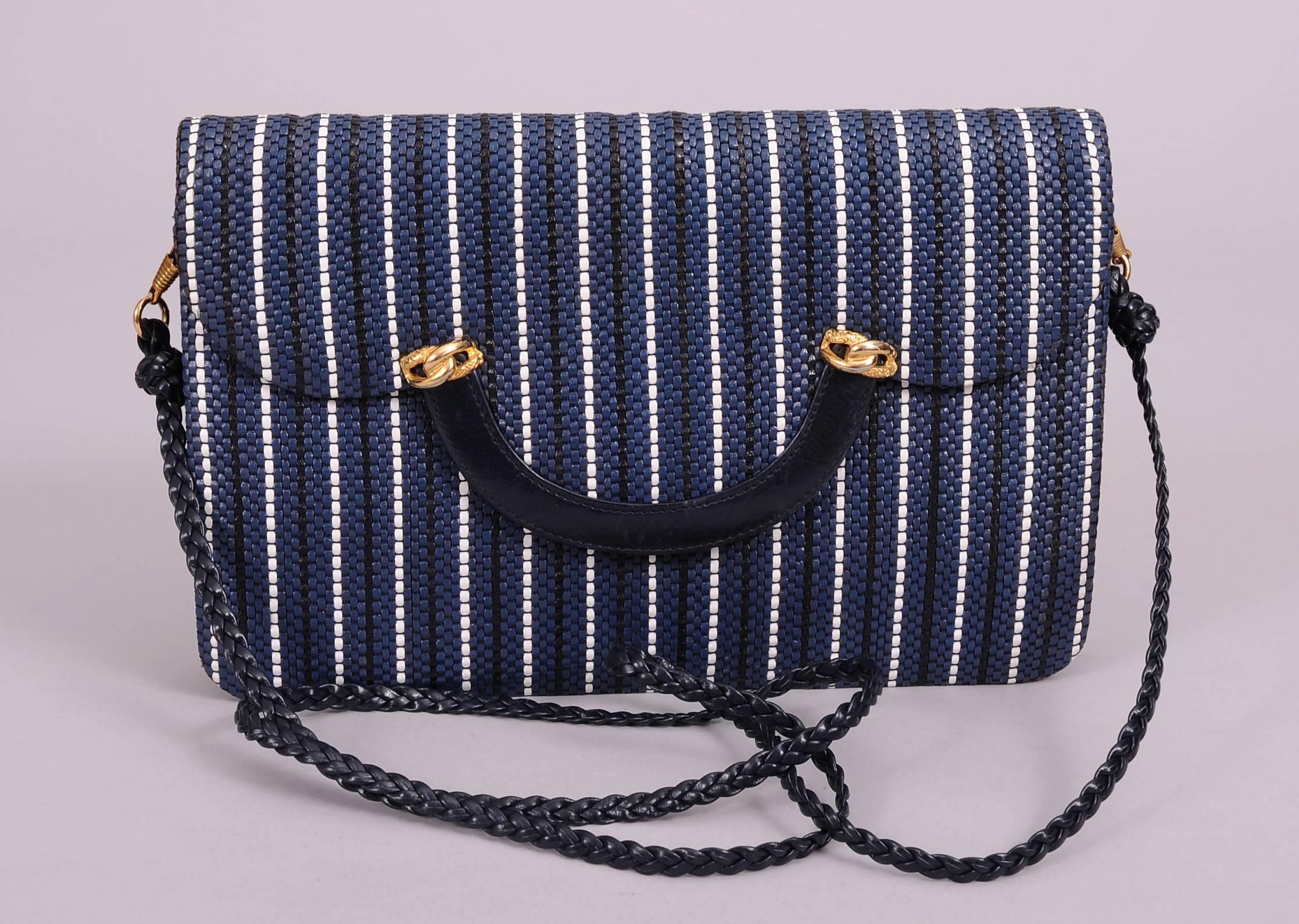Purple Fred, Paris Navy and White Woven Leather Clutch or Shoulder Bag, Never Used