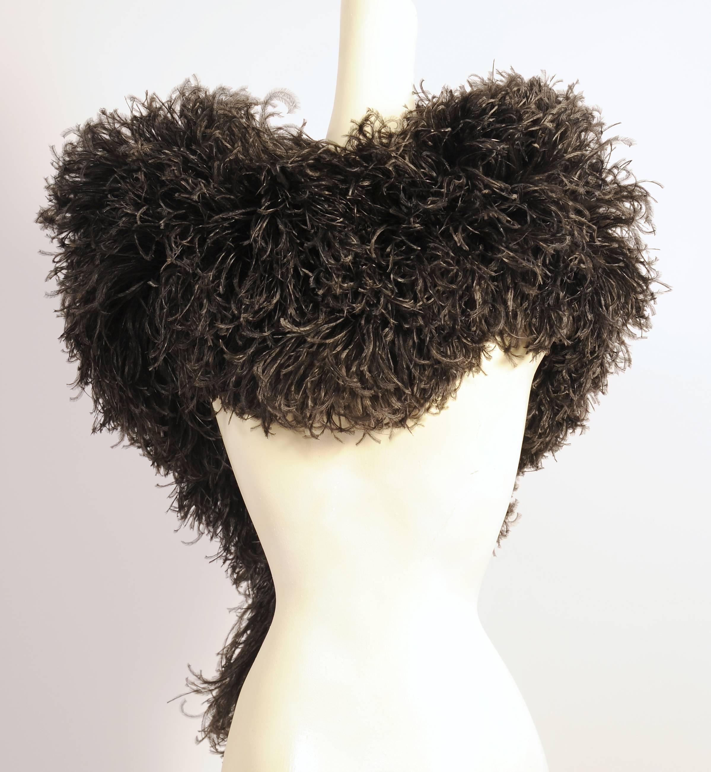 Black Double Ostrich Feather and Ribbon Stole In Excellent Condition In New Hope, PA