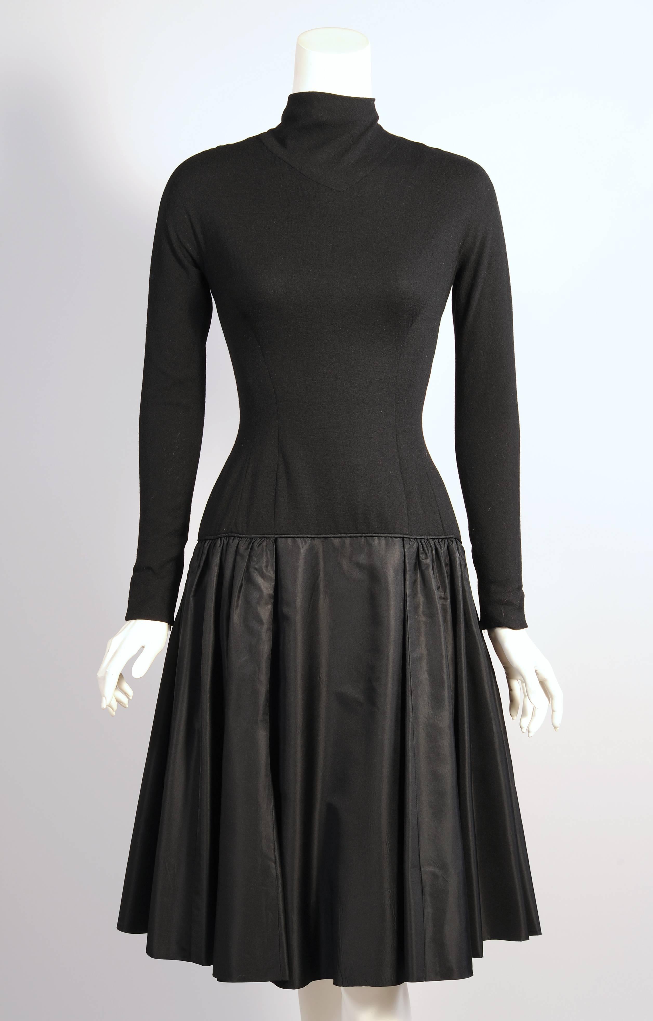 Mid-century Black Wool Jersey and Silk Satin Short Evening Dress In Excellent Condition For Sale In New Hope, PA