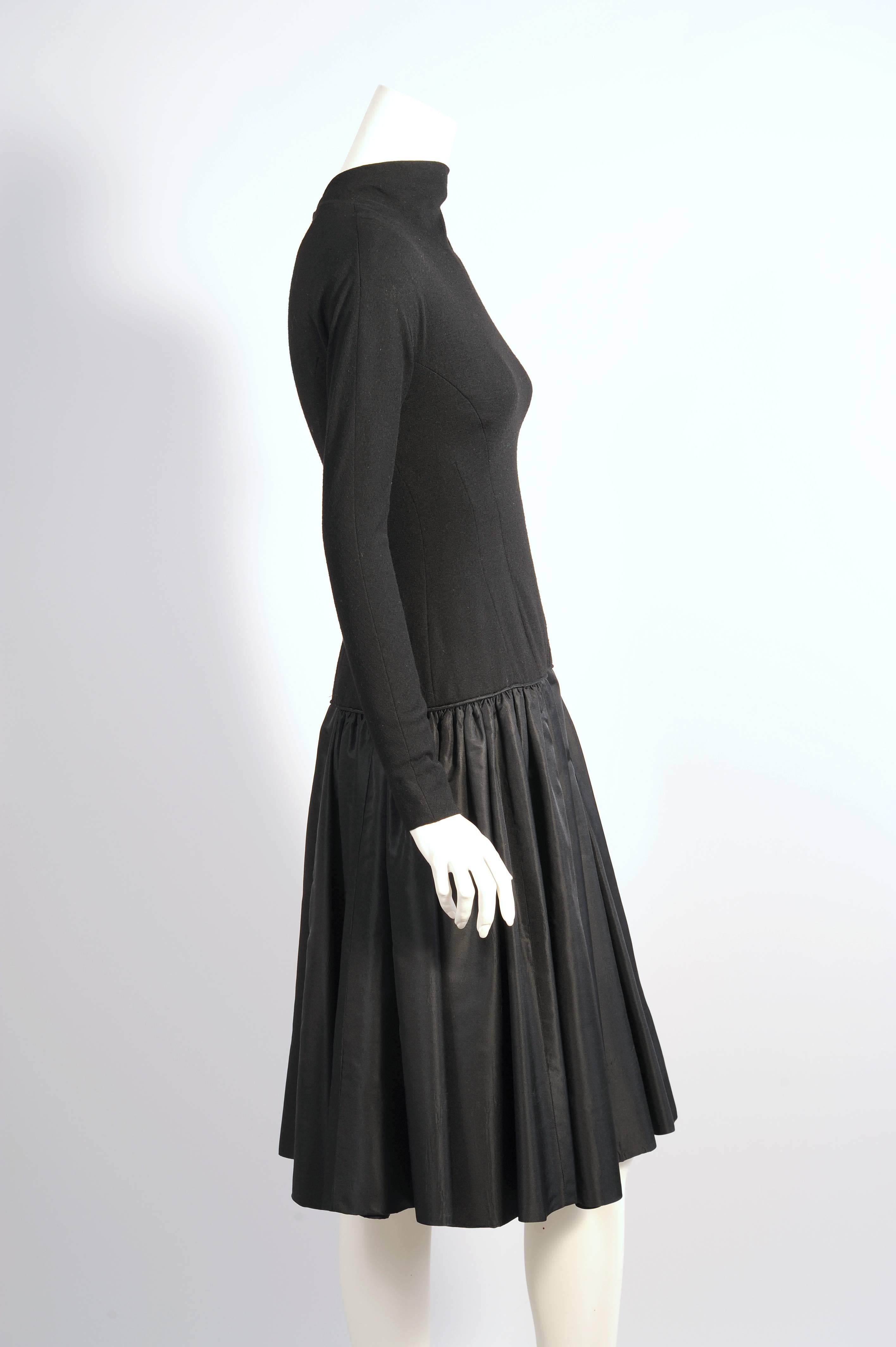 Women's Mid-century Black Wool Jersey and Silk Satin Short Evening Dress For Sale