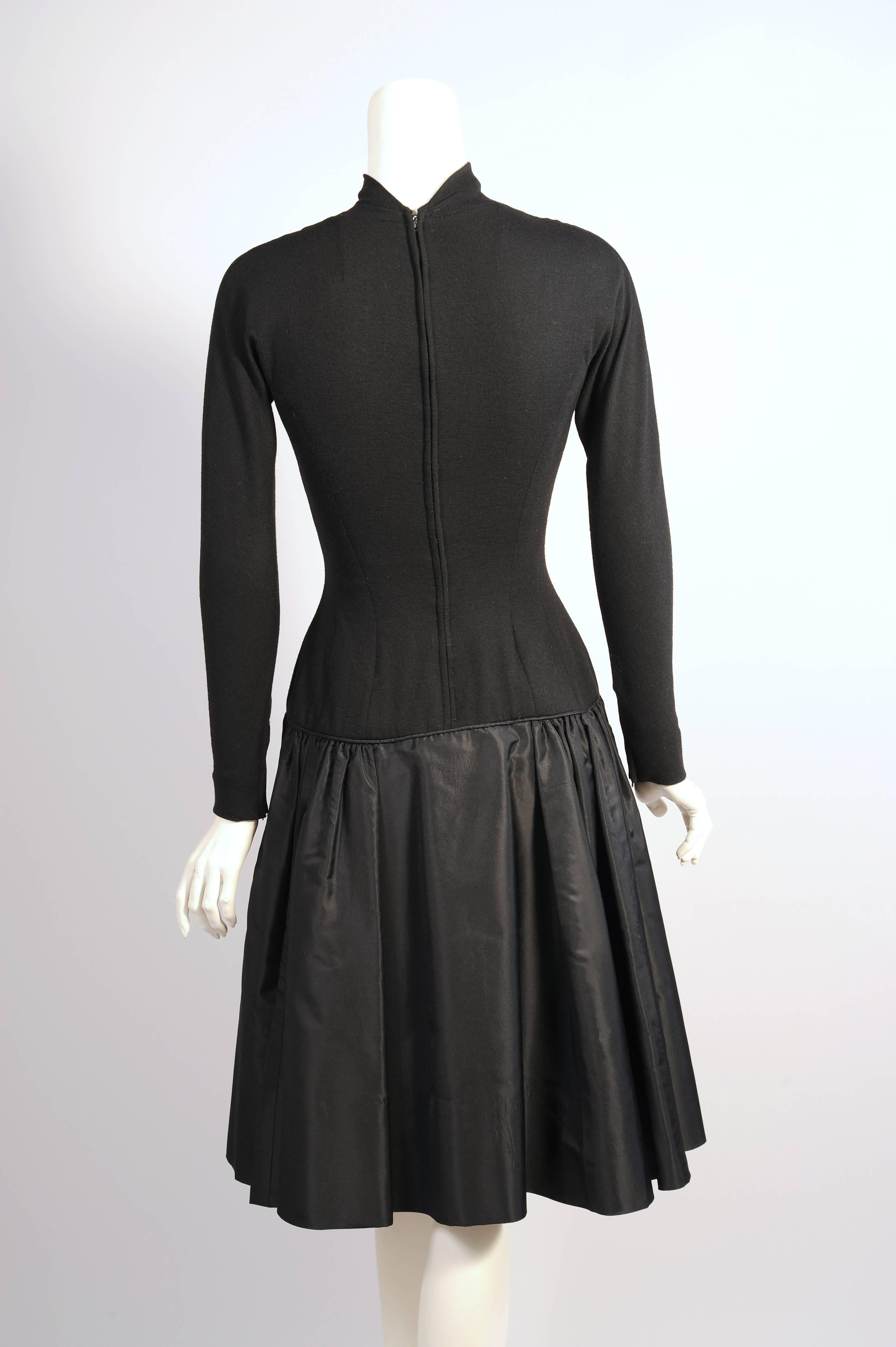 Mid-century Black Wool Jersey and Silk Satin Short Evening Dress For Sale 1