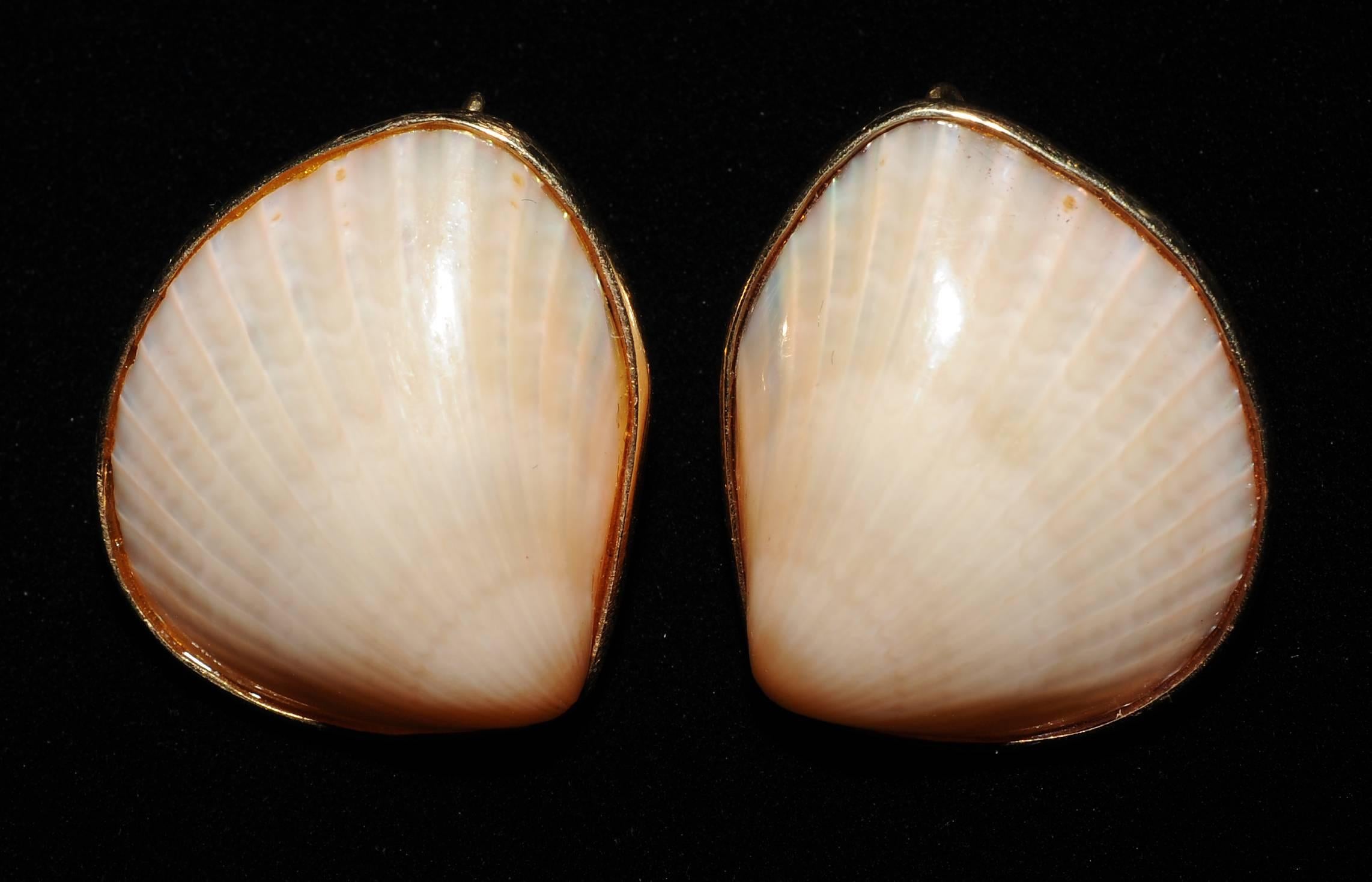 Marguerite Stix Night and Day Shell Pearl Diamond and Gold Earrings In Excellent Condition In New Hope, PA