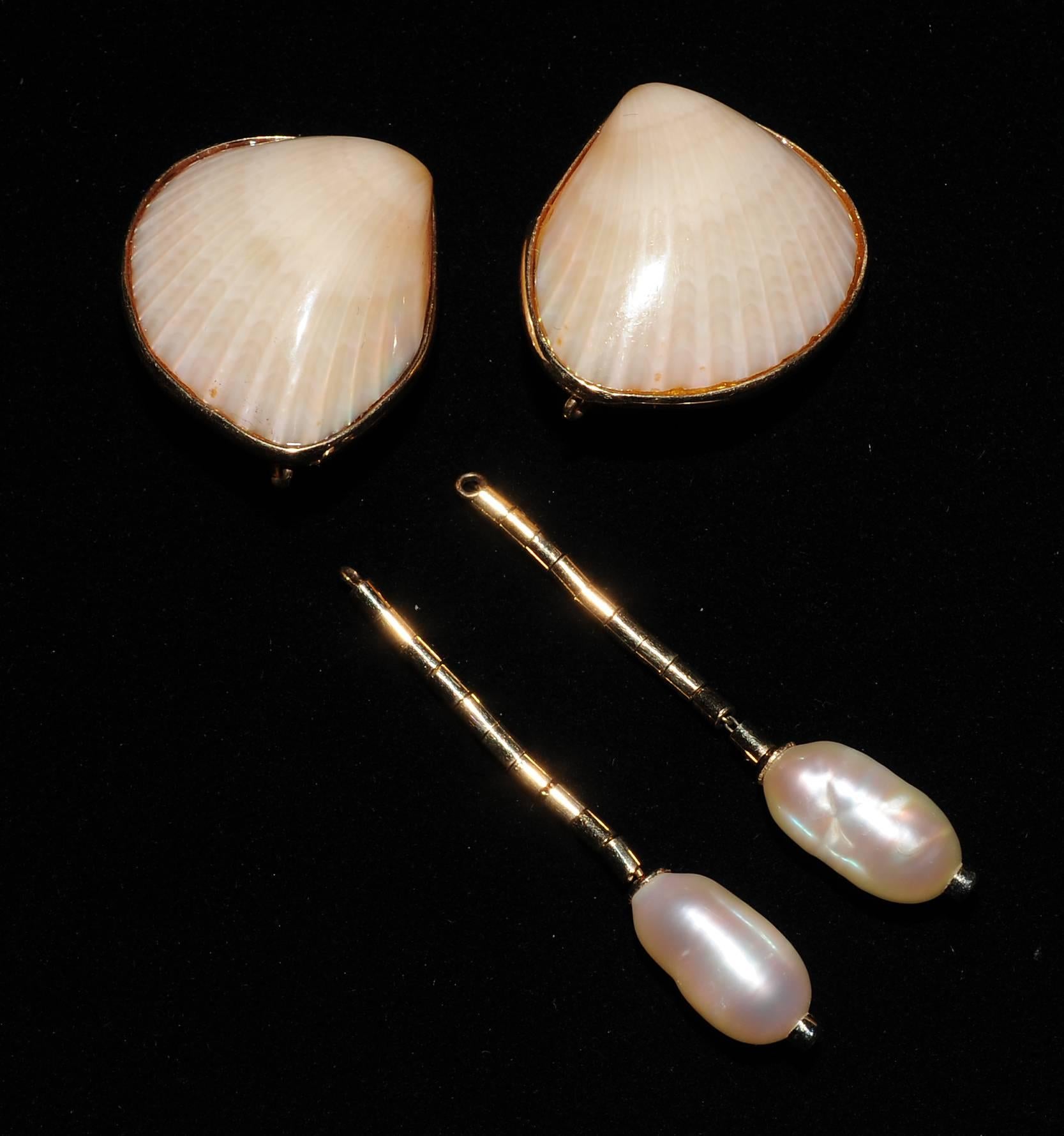 Women's Marguerite Stix Night and Day Shell Pearl Diamond and Gold Earrings