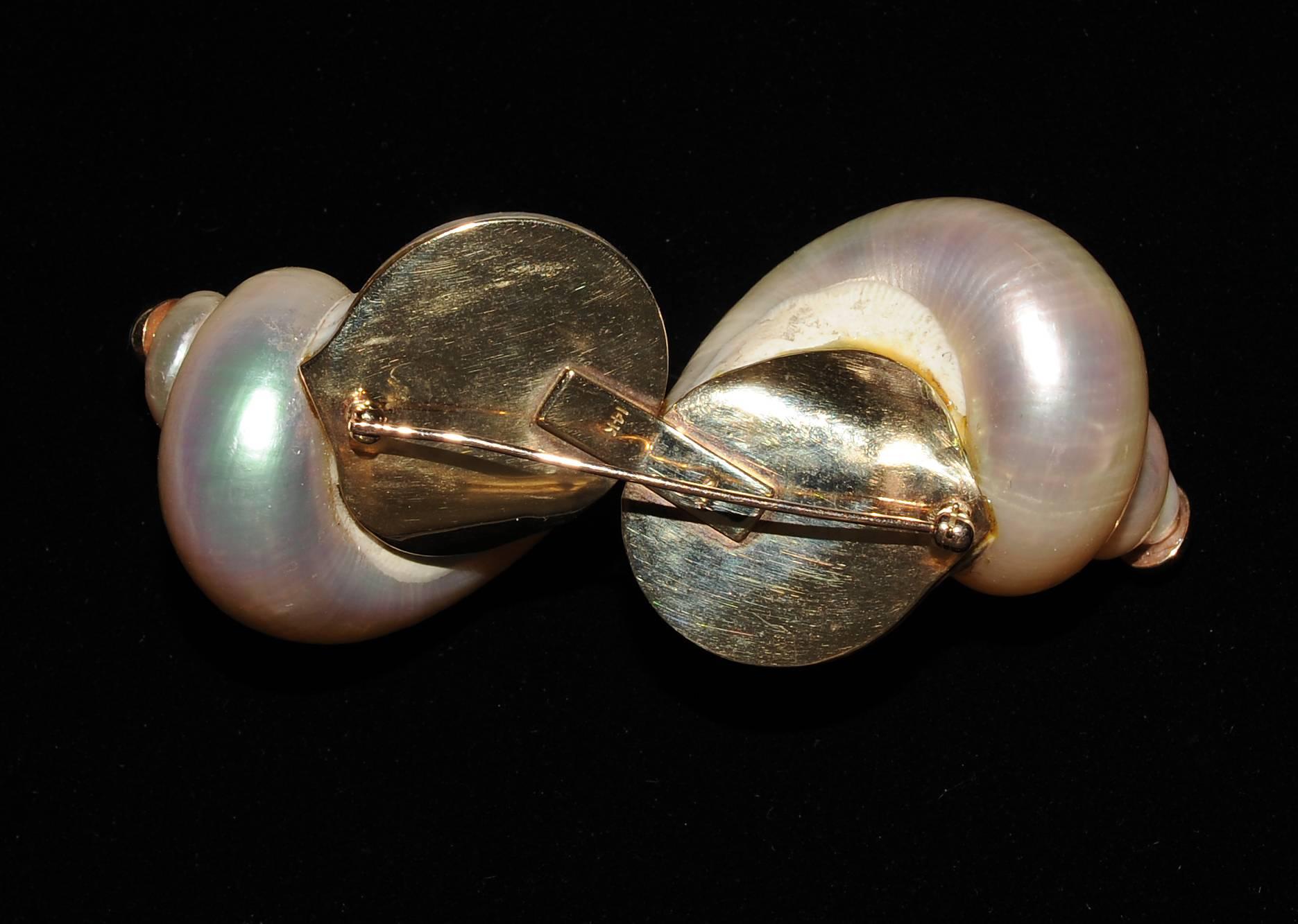 Artisan Marguerite Stix Gold Backed Double Shell Pin with Bezel Set Turquoise, c 1970