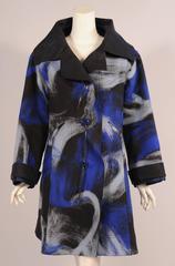 Issey Miyake Felted Black Coat with Blue and Grey Brushstroke Designs