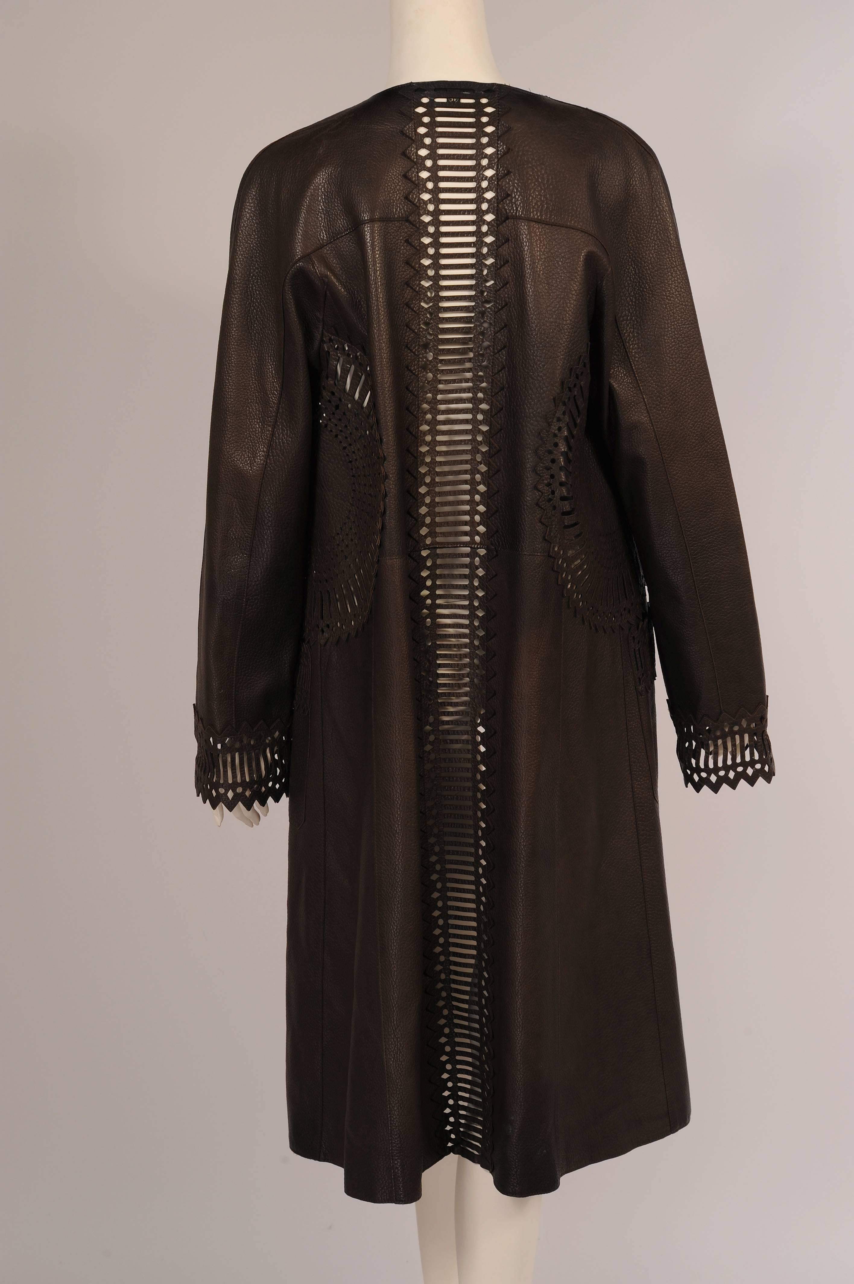Black Gianfranco Ferre Chocolate Brown Supple Leather Coat with Pierced Decoration 