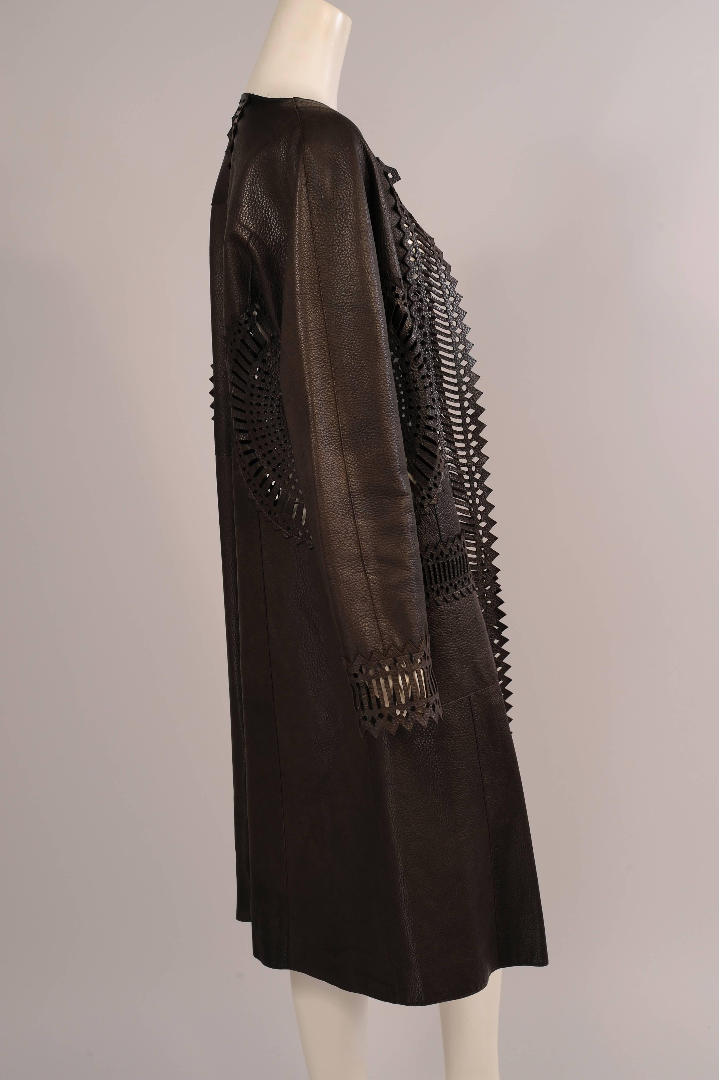 Gianfranco Ferre Chocolate Brown Supple Leather Coat with Pierced Decoration  In Excellent Condition In New Hope, PA