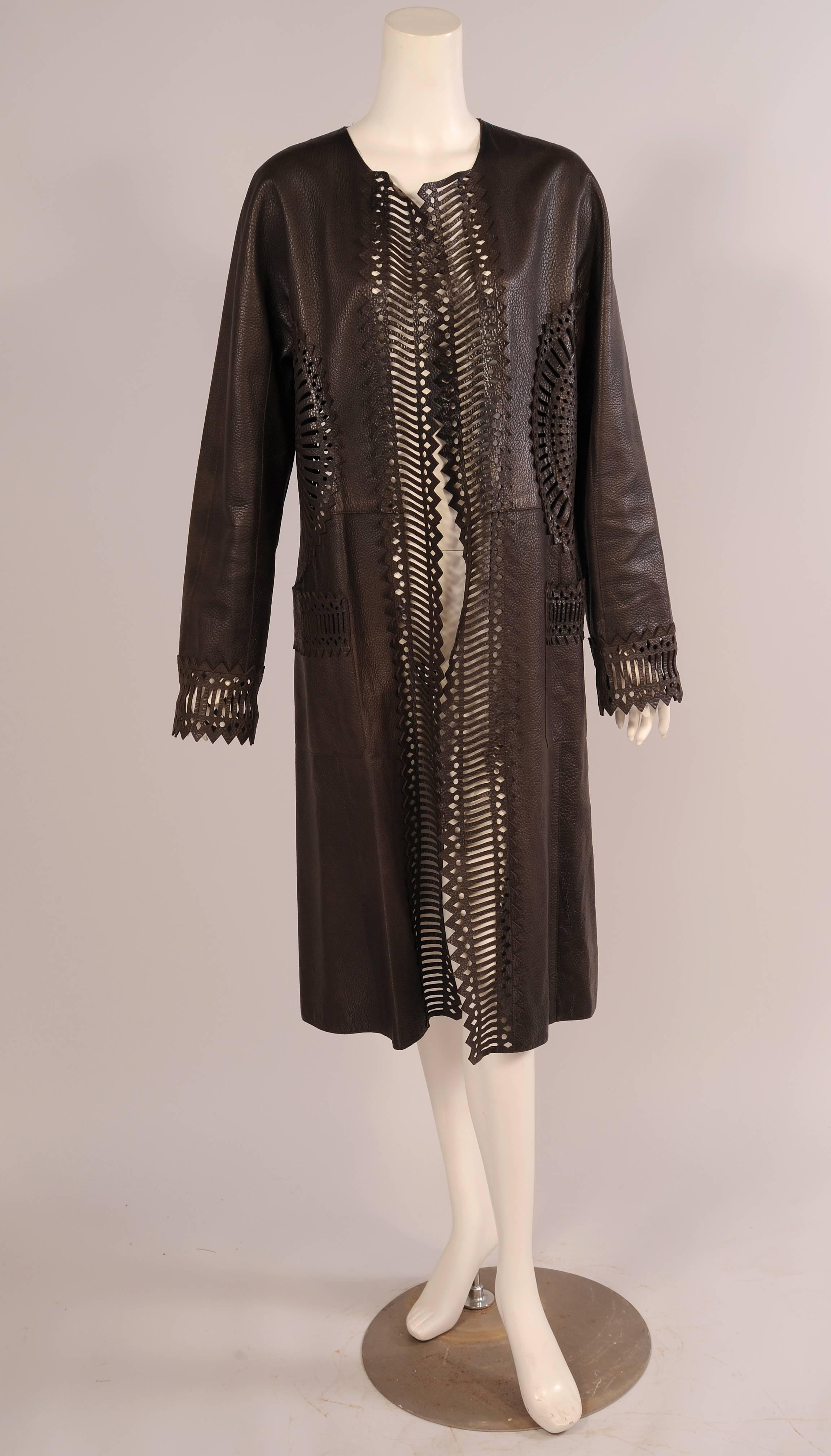 Women's Gianfranco Ferre Chocolate Brown Supple Leather Coat with Pierced Decoration 