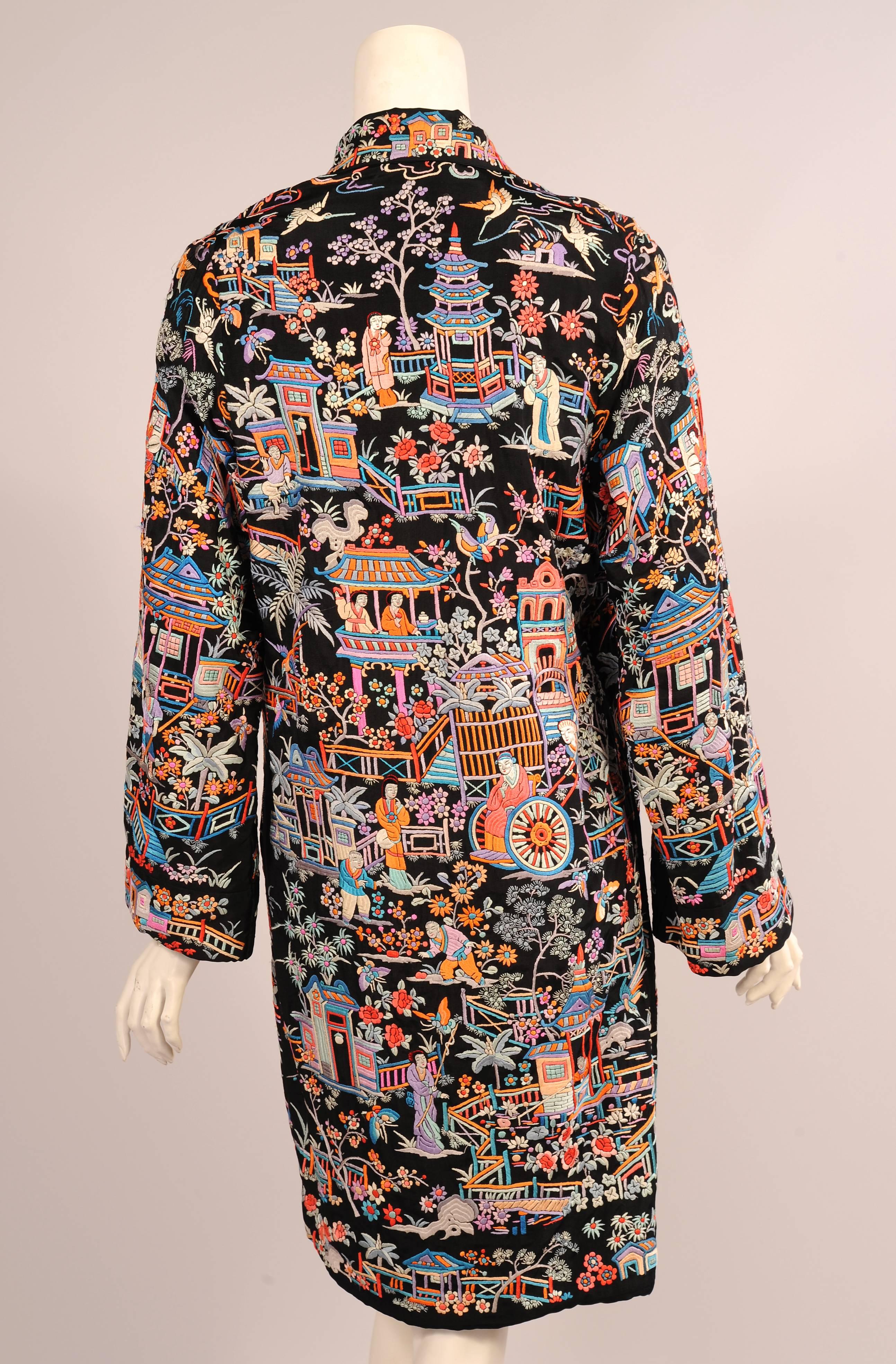 Brown Chinese Colorful Hand Embroidered Black Silk Coat, 1920s 