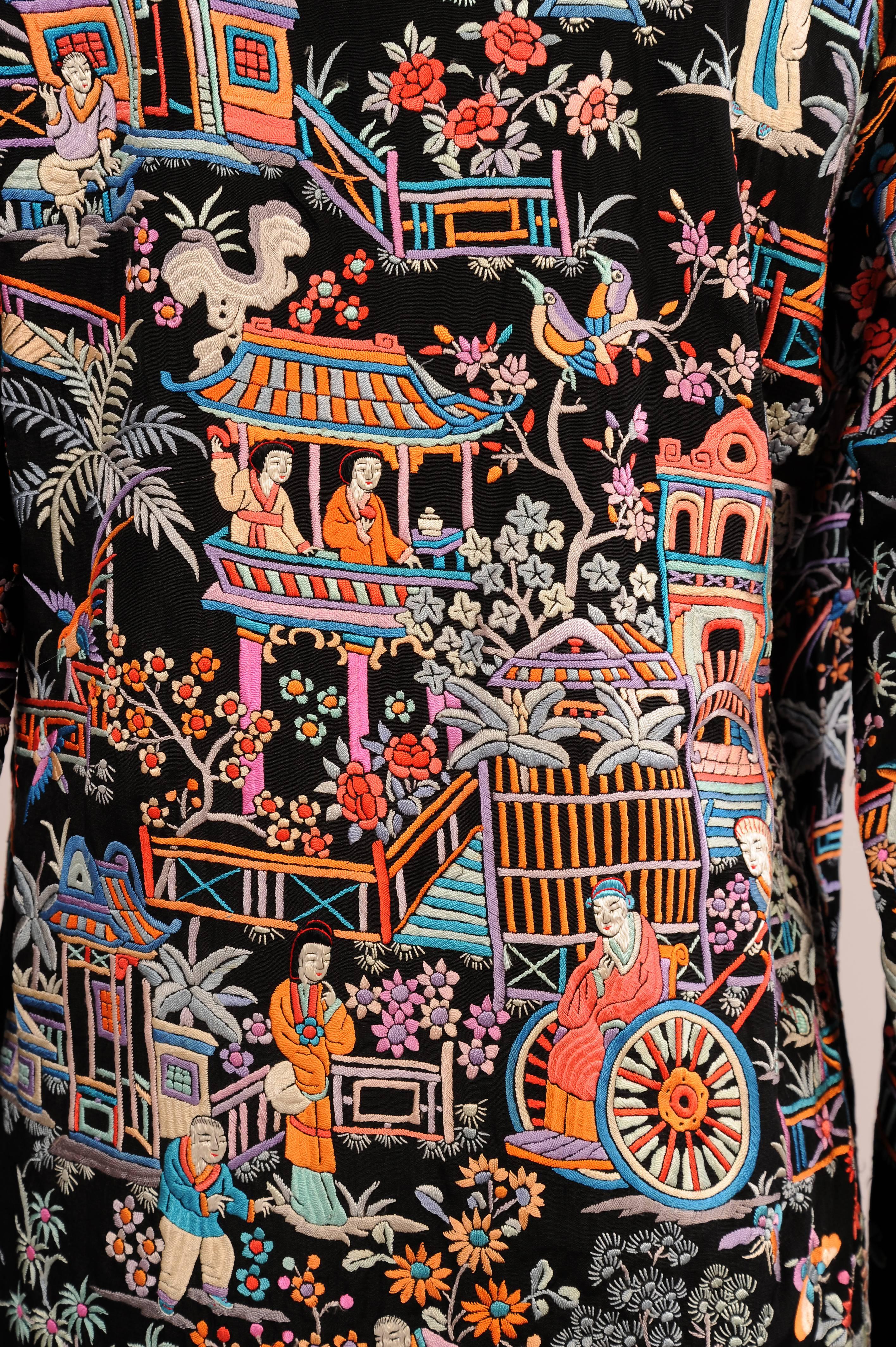 Chinese Colorful Hand Embroidered Black Silk Coat, 1920s  In Excellent Condition In New Hope, PA