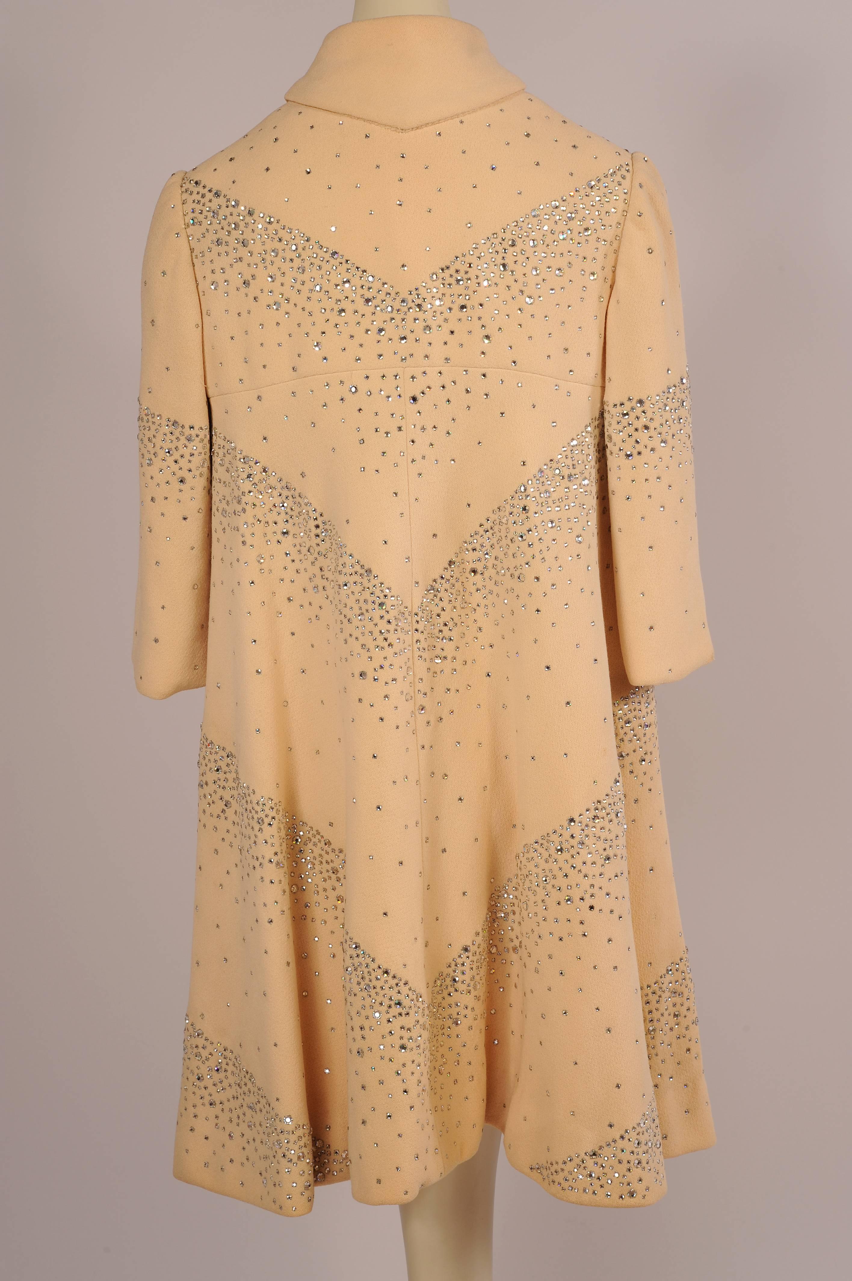 Pauline Trigere Elegant Diamante Studded Cream Wool Crepe Swing Coat In Excellent Condition In New Hope, PA