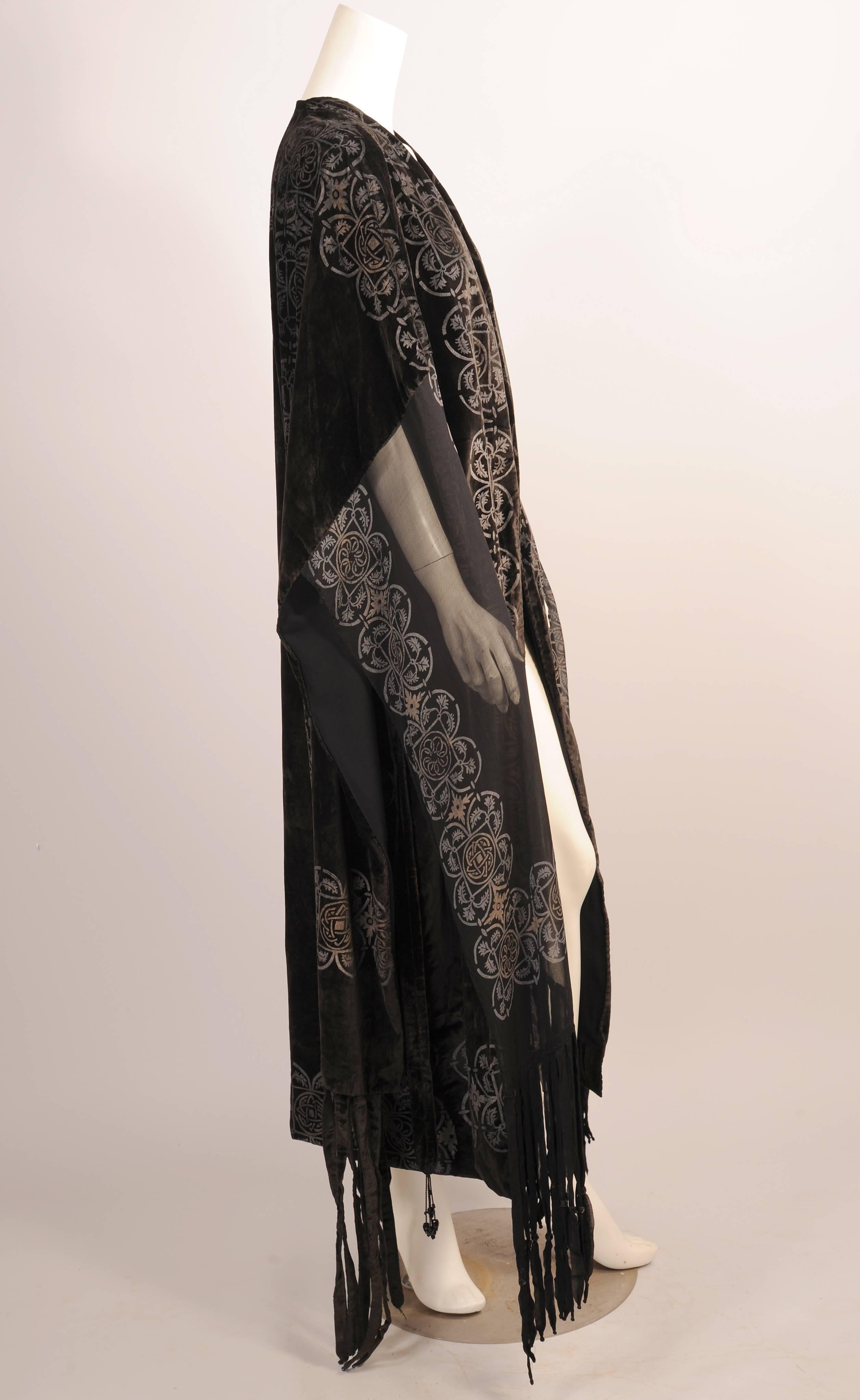 Black Maria Monica Gallenga Stenciled Silk Velvet & Silk Chiffon Coat with Beaded Trim