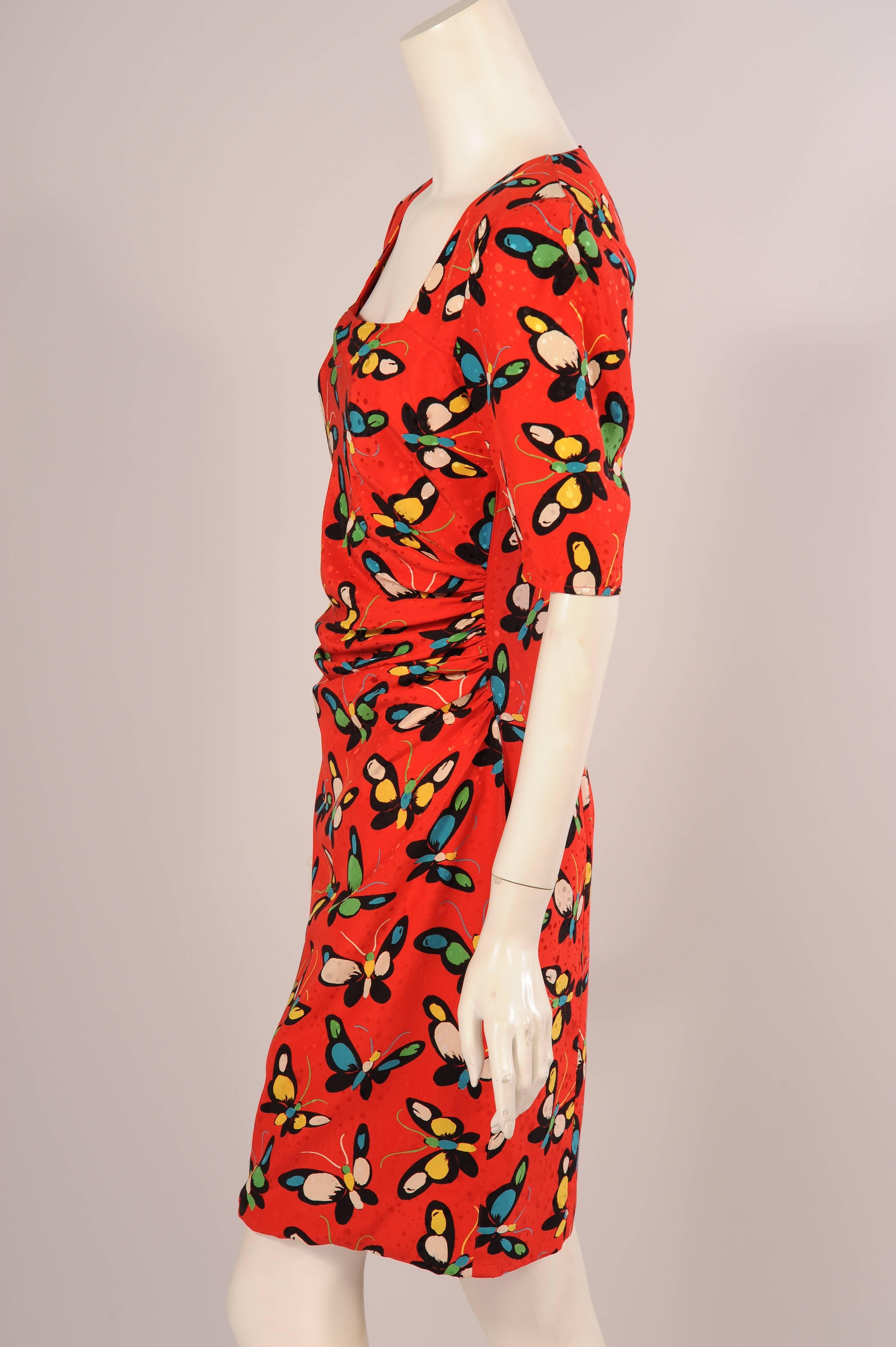 Ungaro Red Silk Butterfly Print Dress In Excellent Condition In New Hope, PA