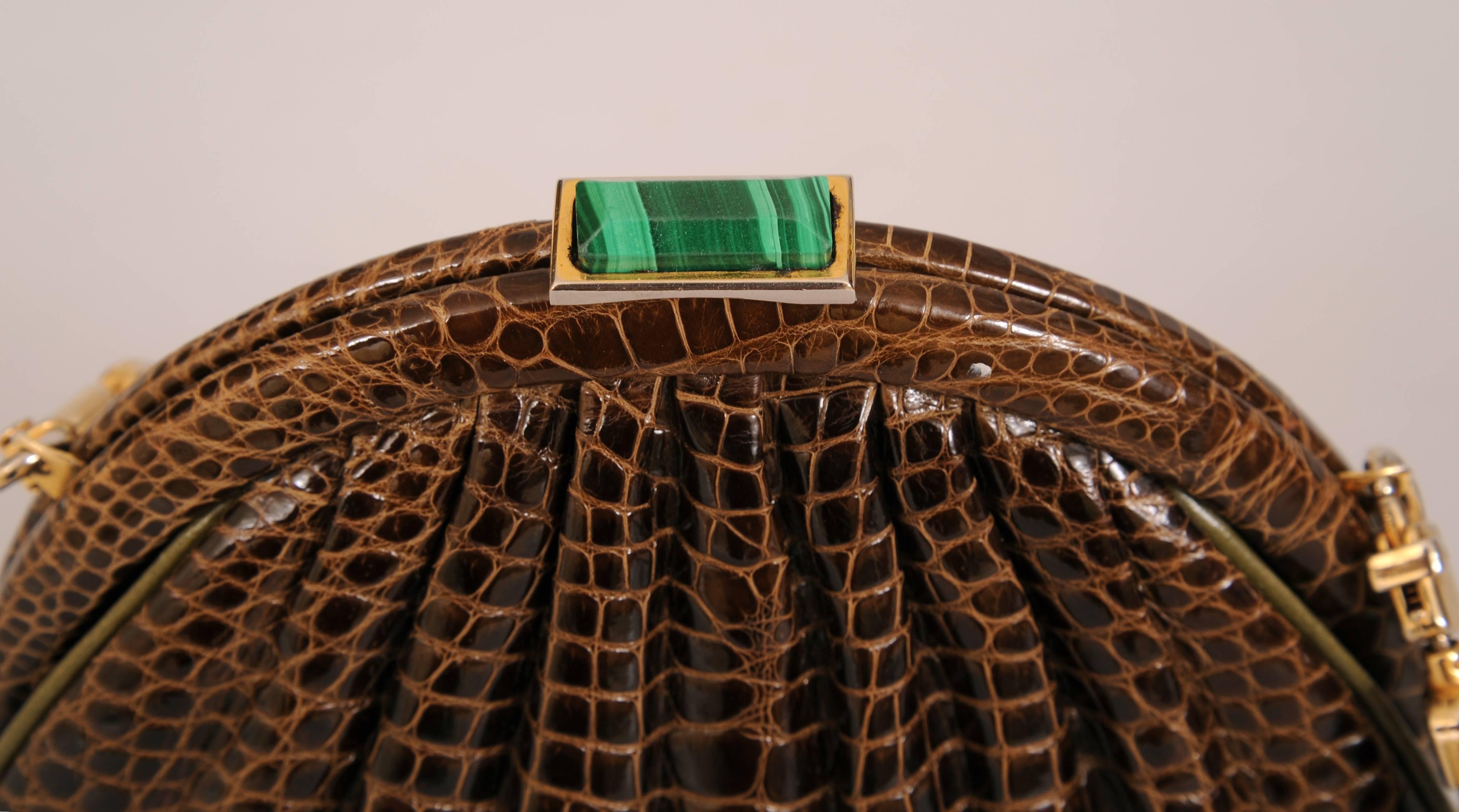 Susan Bennis Warren Edwards Chocolate Brown Alligator Clutch Malachite Clasp 2