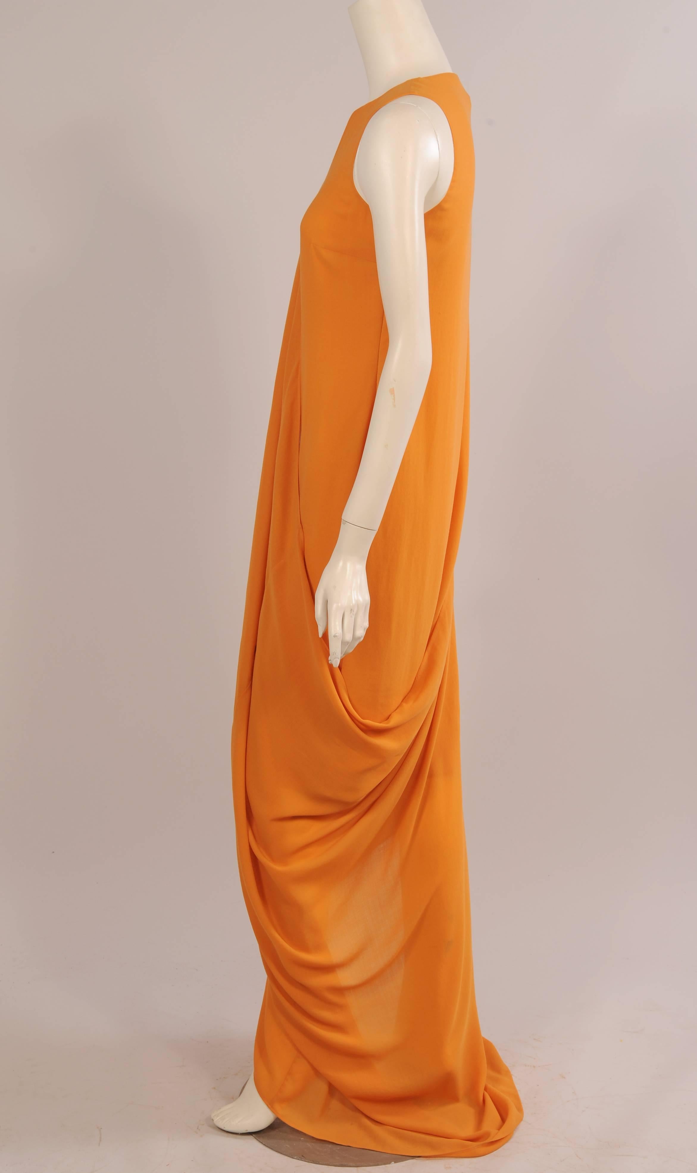 Orange Jil Sander Melon Colored Wool Crepe Dress with Attached Side Drape Never Worn