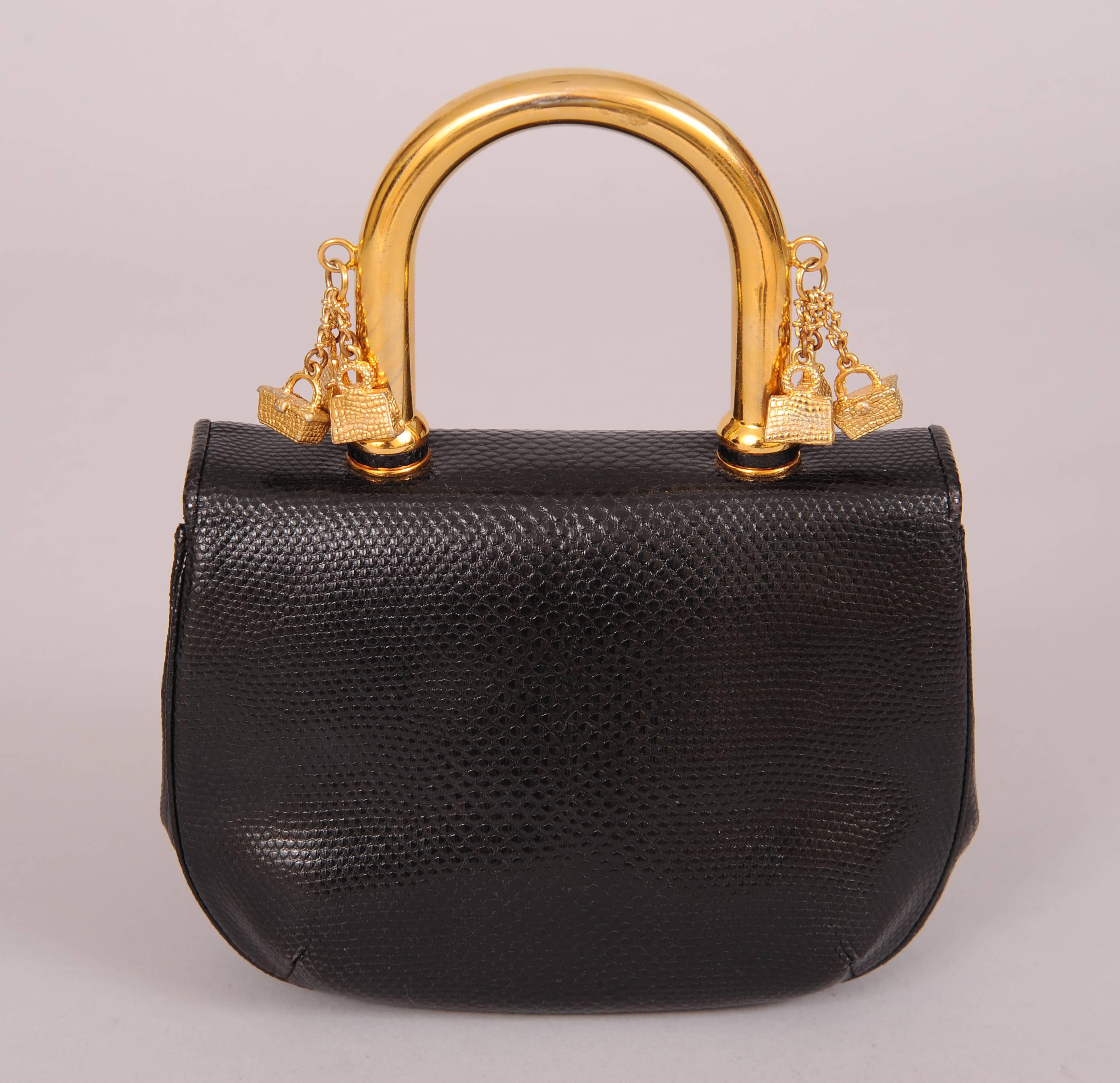 Judith Leiber Charming Black Karung Bag with Gold Charm Handle In Excellent Condition In New Hope, PA