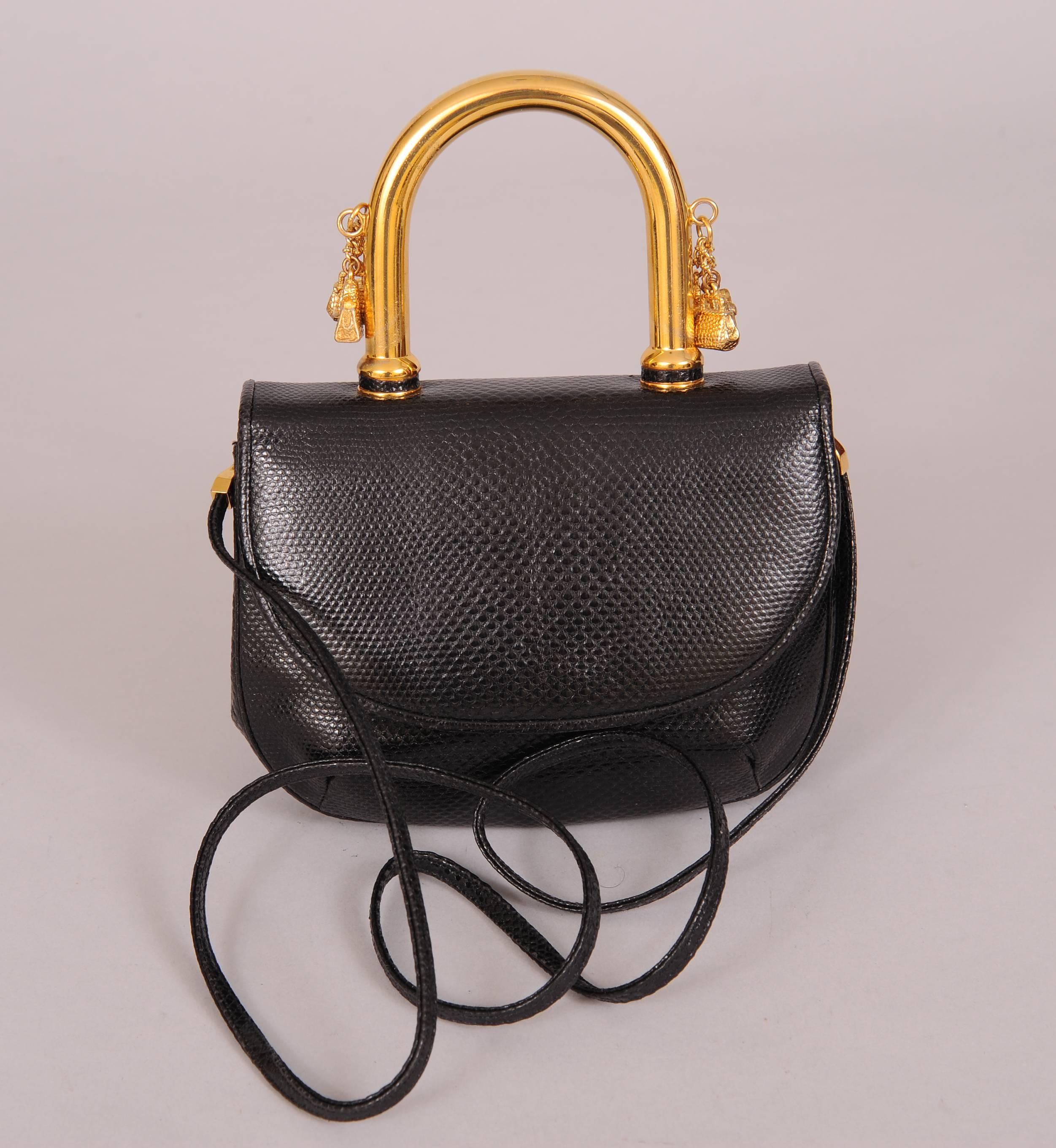 Women's Judith Leiber Charming Black Karung Bag with Gold Charm Handle