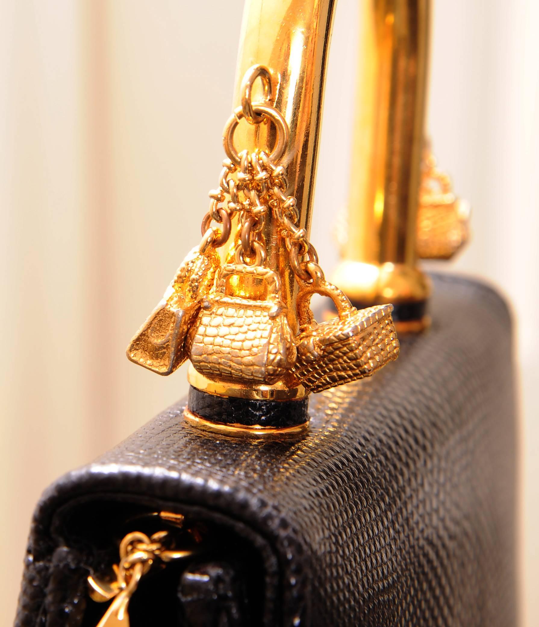 Judith Leiber Charming Black Karung Bag with Gold Charm Handle 1