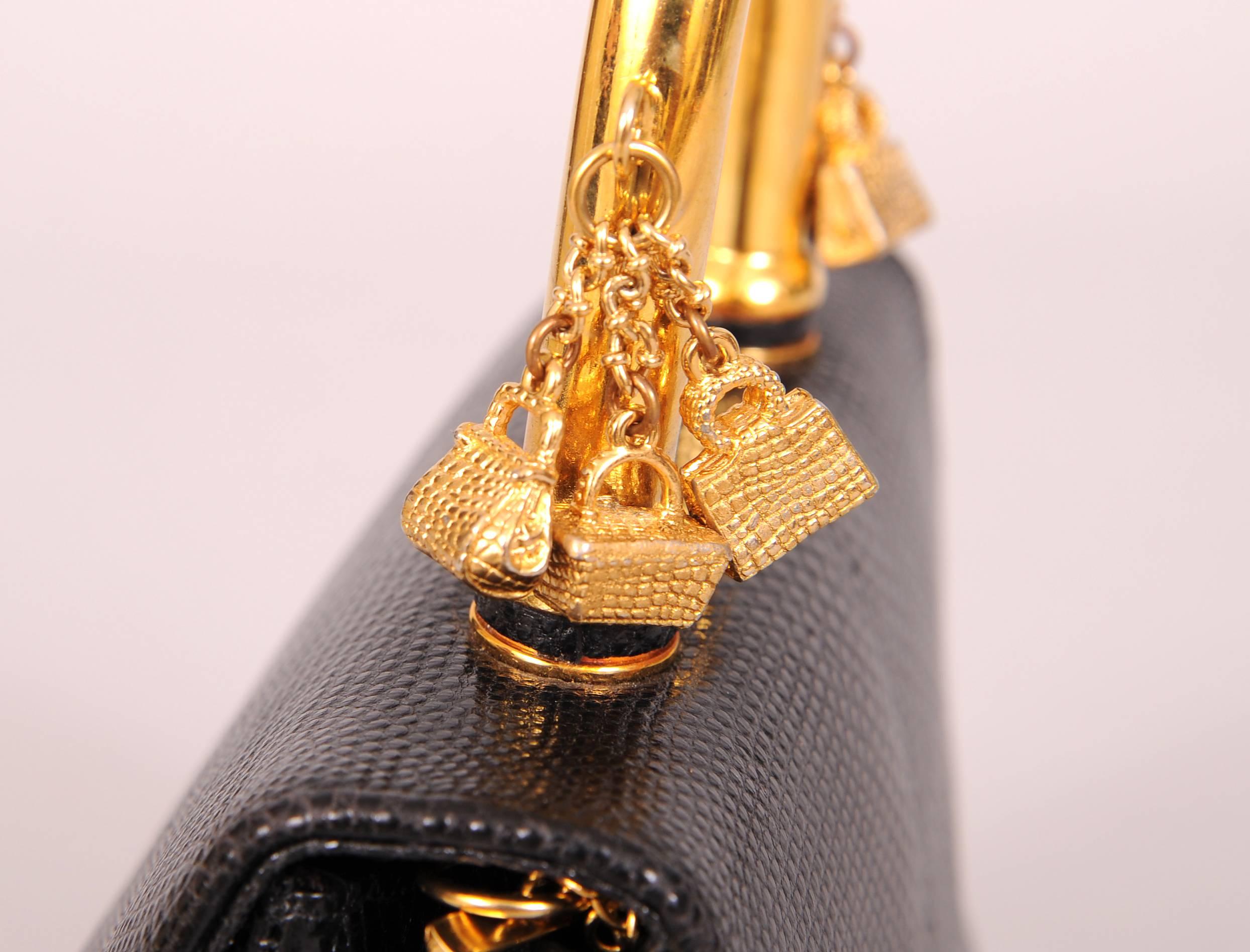 Judith Leiber Charming Black Karung Bag with Gold Charm Handle 2