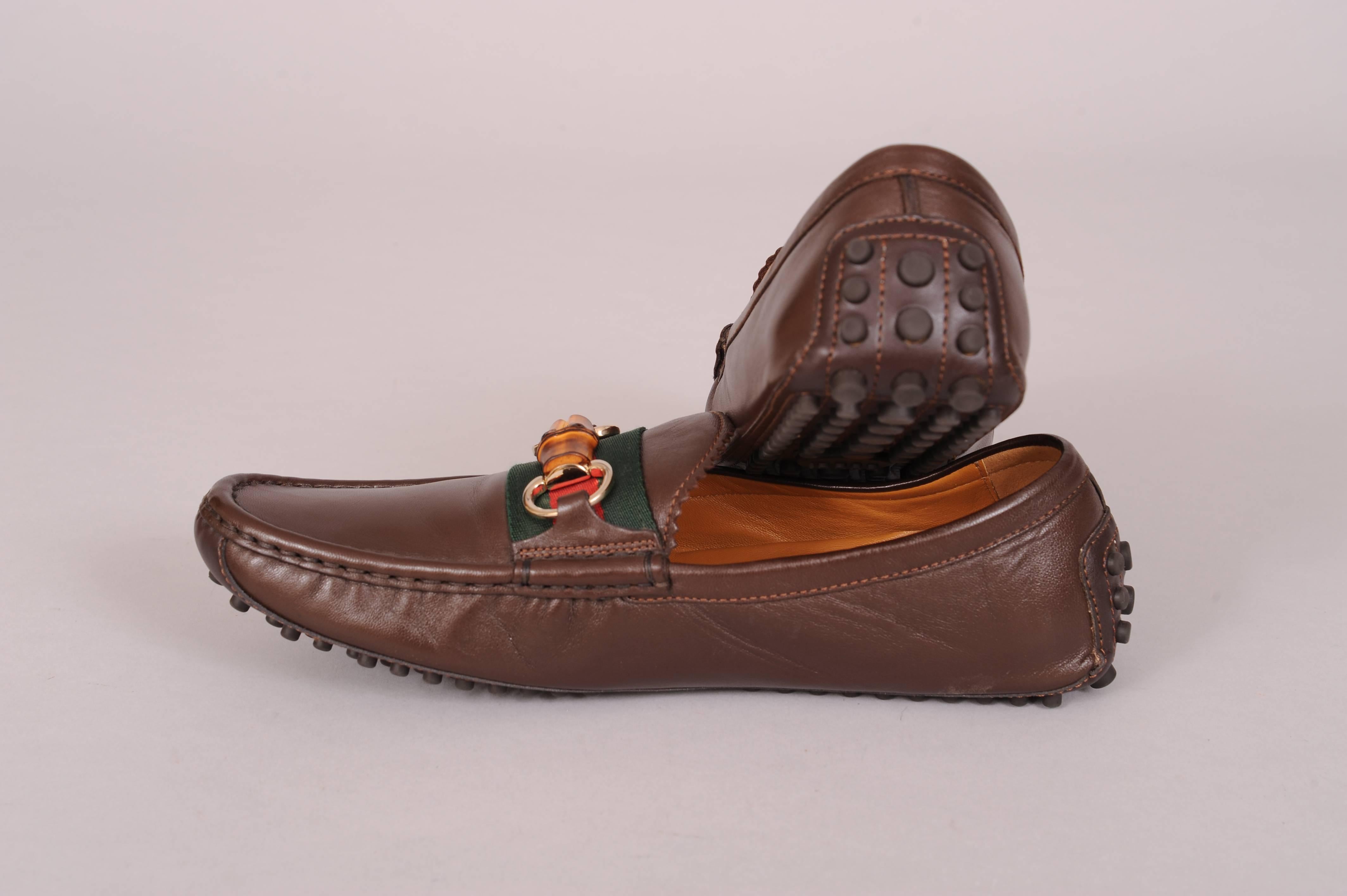 Gucci Brown Leather & Bamboo Driving Shoes Never Worn 38 1/2 In New Condition In New Hope, PA