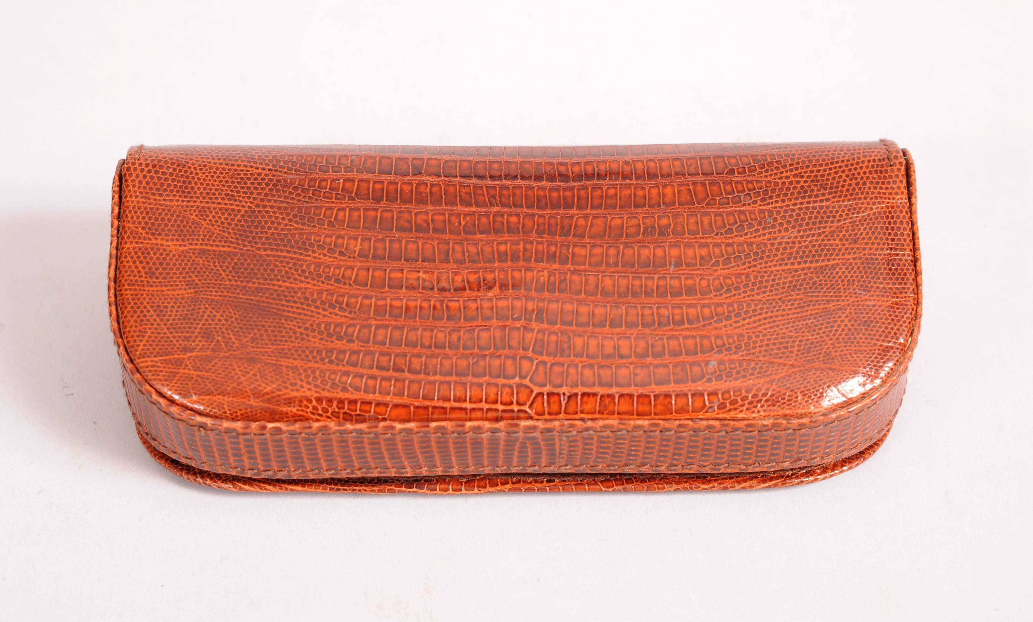 deVecchi Hamilton Hodge Rich Brown Lizard Eyeglass Case In Excellent Condition In New Hope, PA