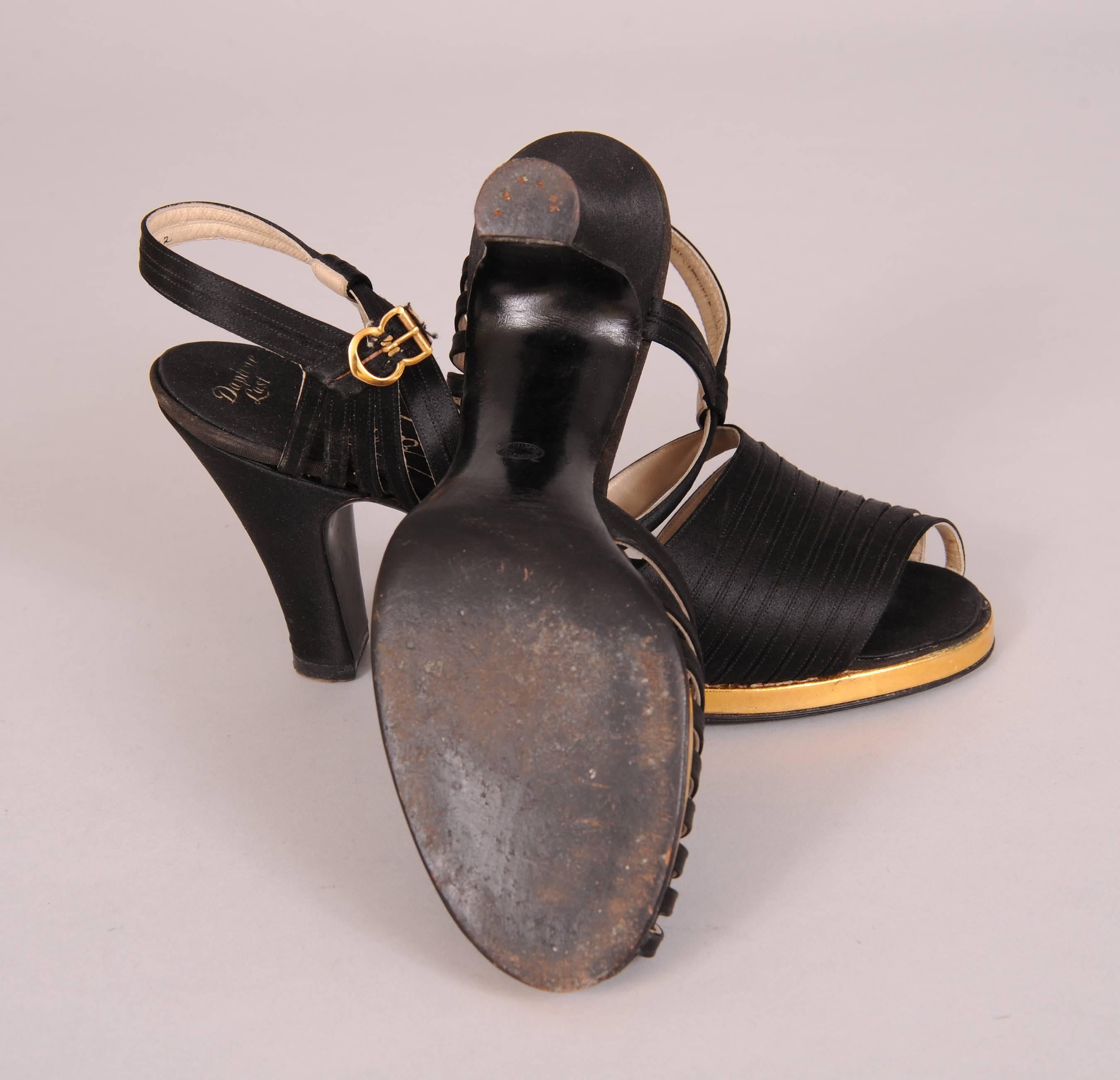 Newton Elkins for Bonwit Teller 1940's Black Silk and Gold Kid Evening Sandals 2